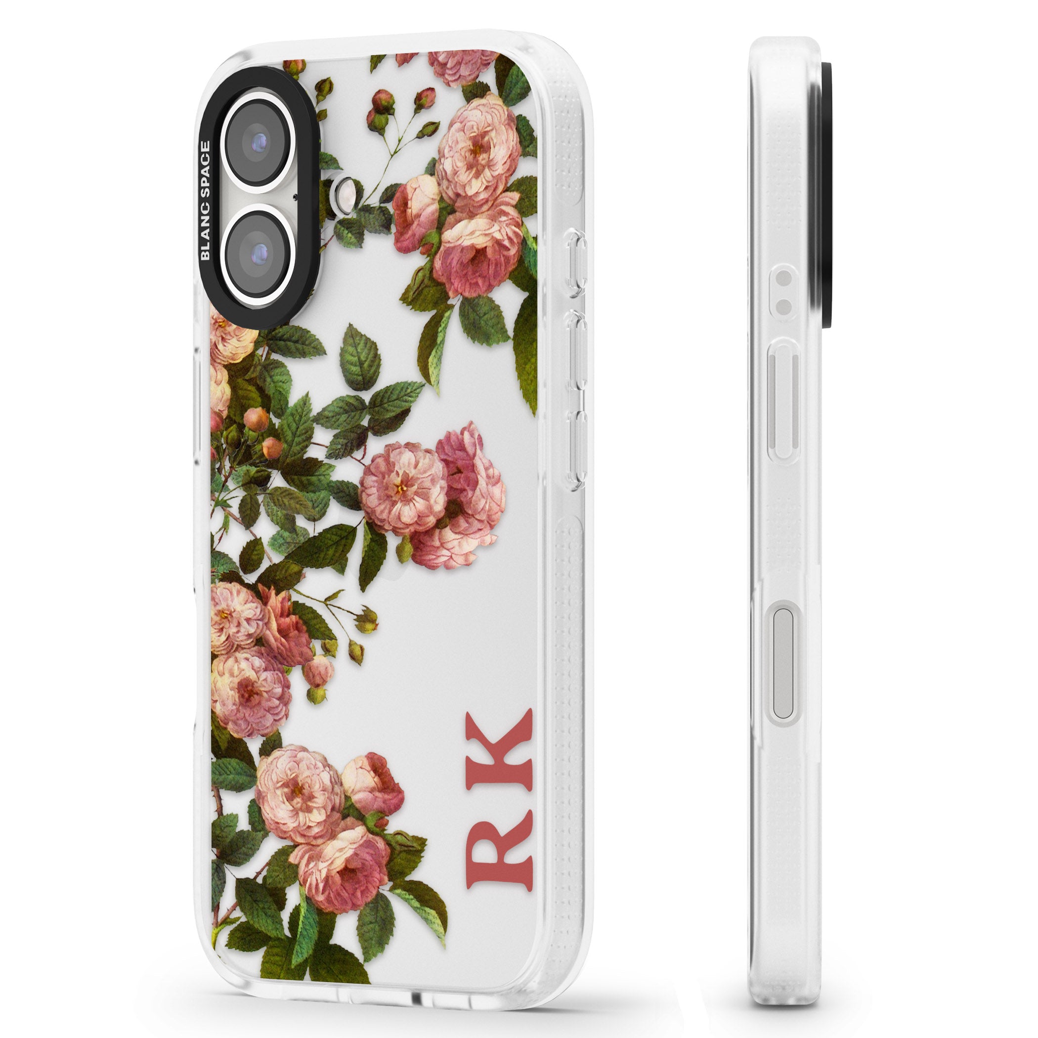 Personalised Clear Vintage Floral Pink Garden Roses iPhone 16 / 16 Plus Clear Case Impact Air - Blanc Space