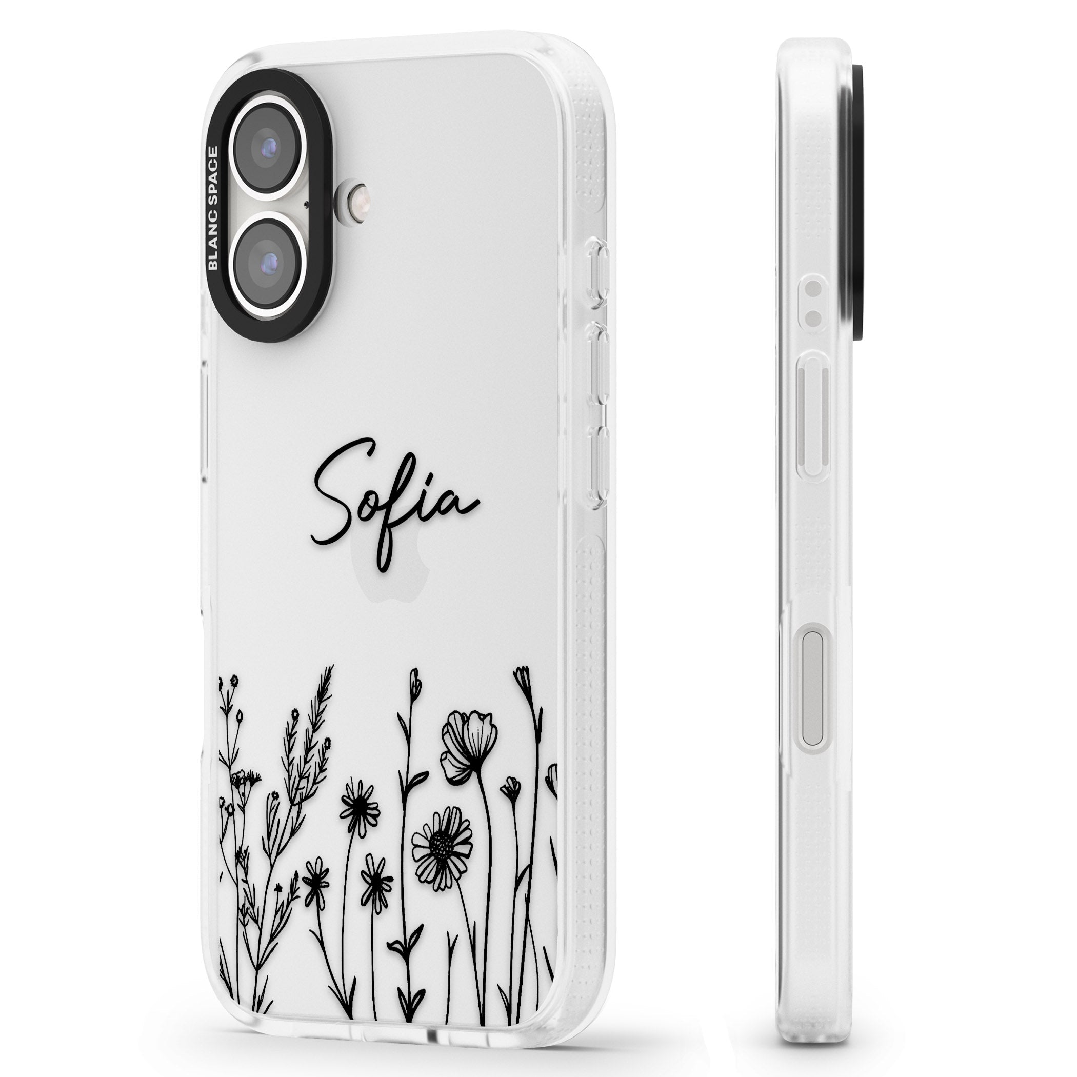 Personalised Black Wildflowers iPhone 16 / 16 Plus Clear Case Impact Air - Blanc Space