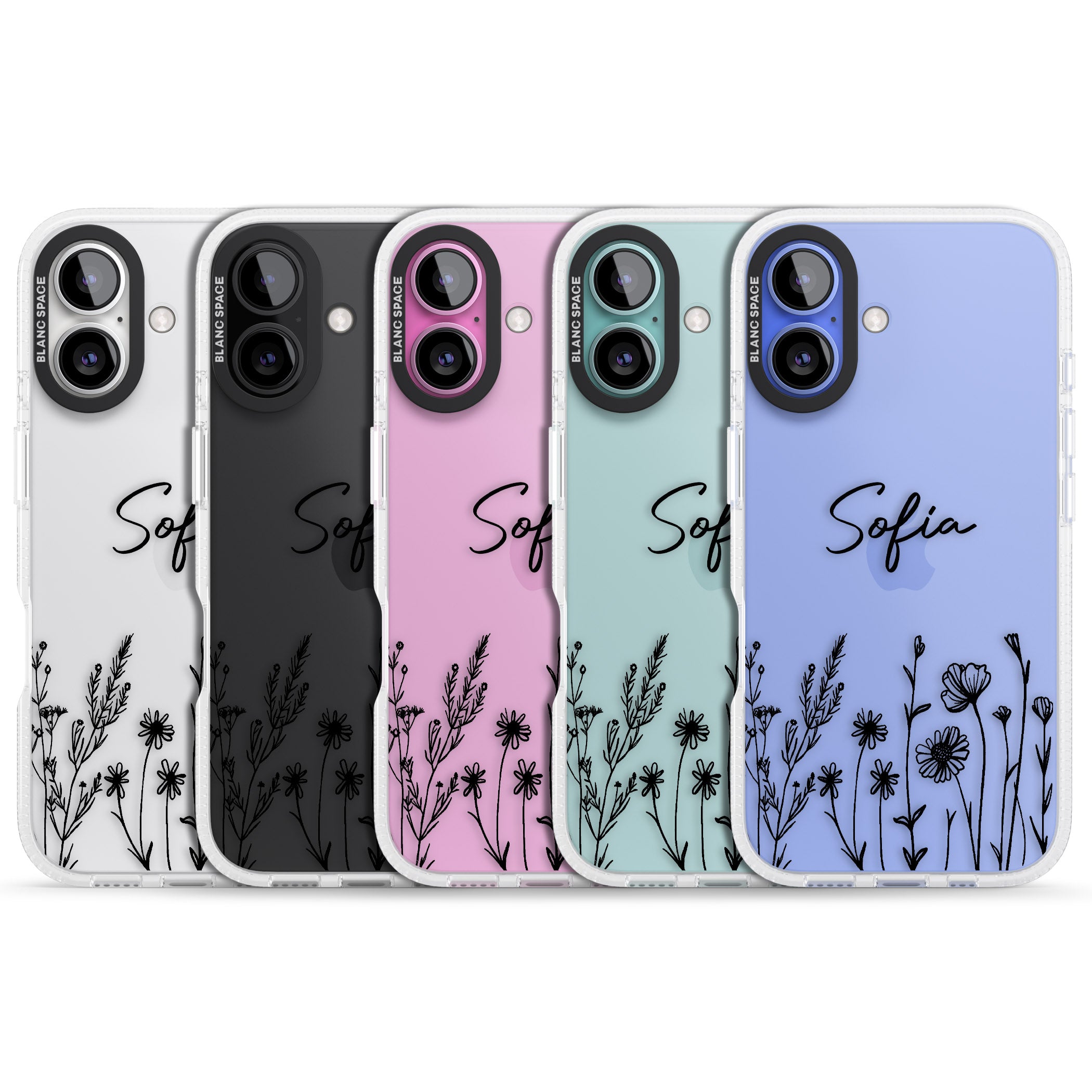 Personalised Black Wildflowers iPhone 16 / 16 Plus Clear Case Impact Air - Blanc Space