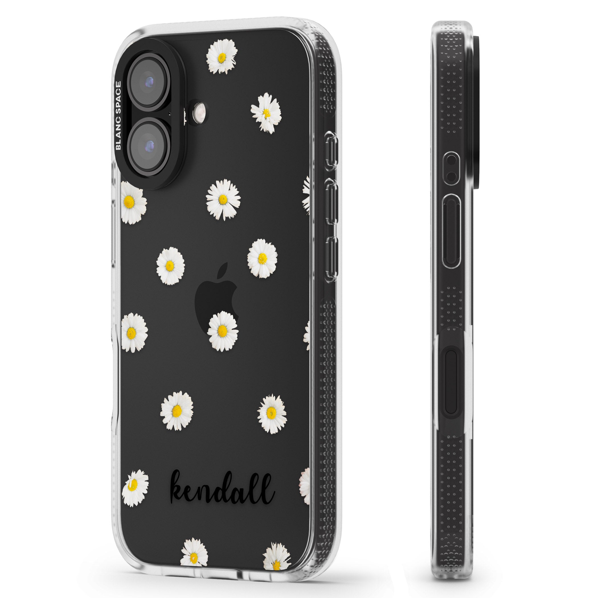 Personalised White Daisies & Cursive iPhone 16 / 16 Plus Clear Case Impact Air - Blanc Space