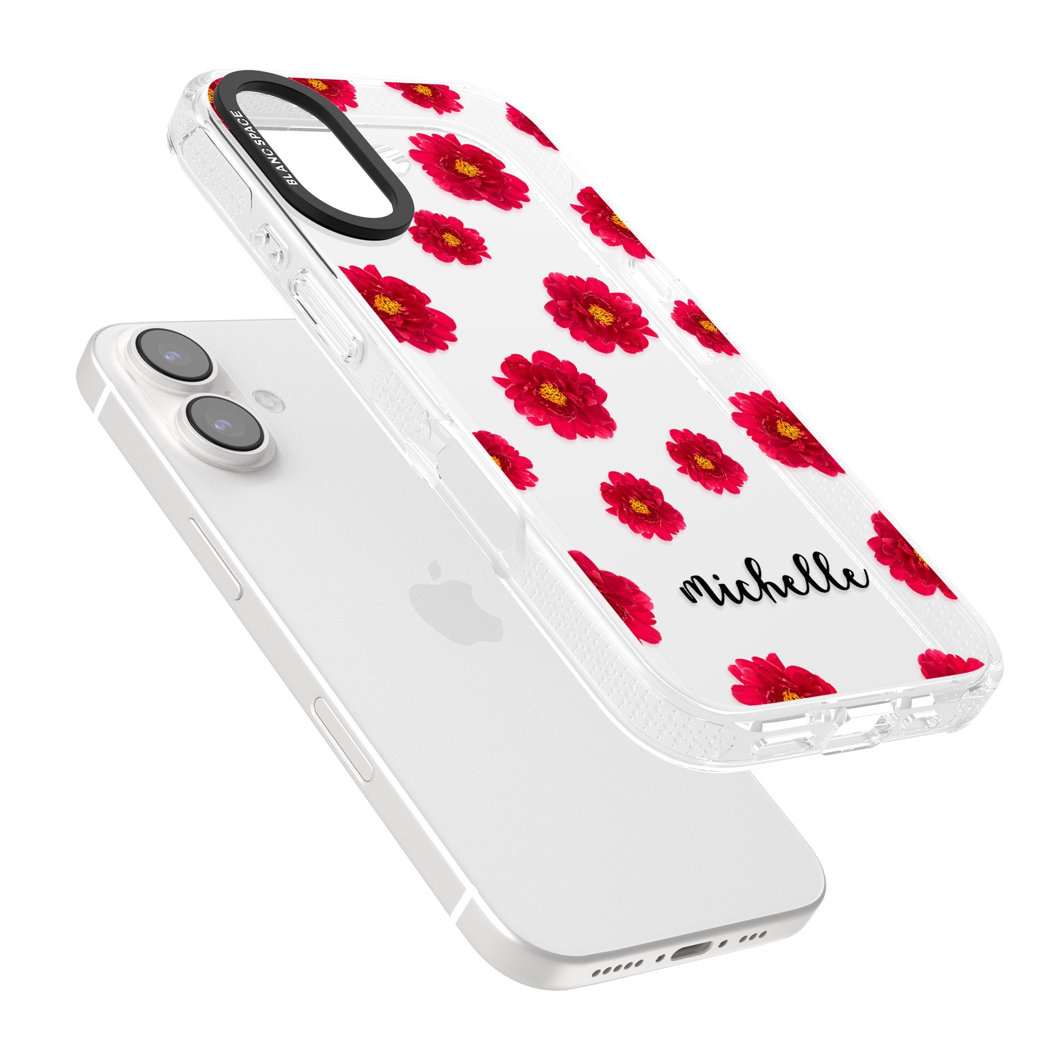 Personalised Red Peonies & Cursive iPhone 16 / 16 Plus Clear Case Impact Air - Blanc Space