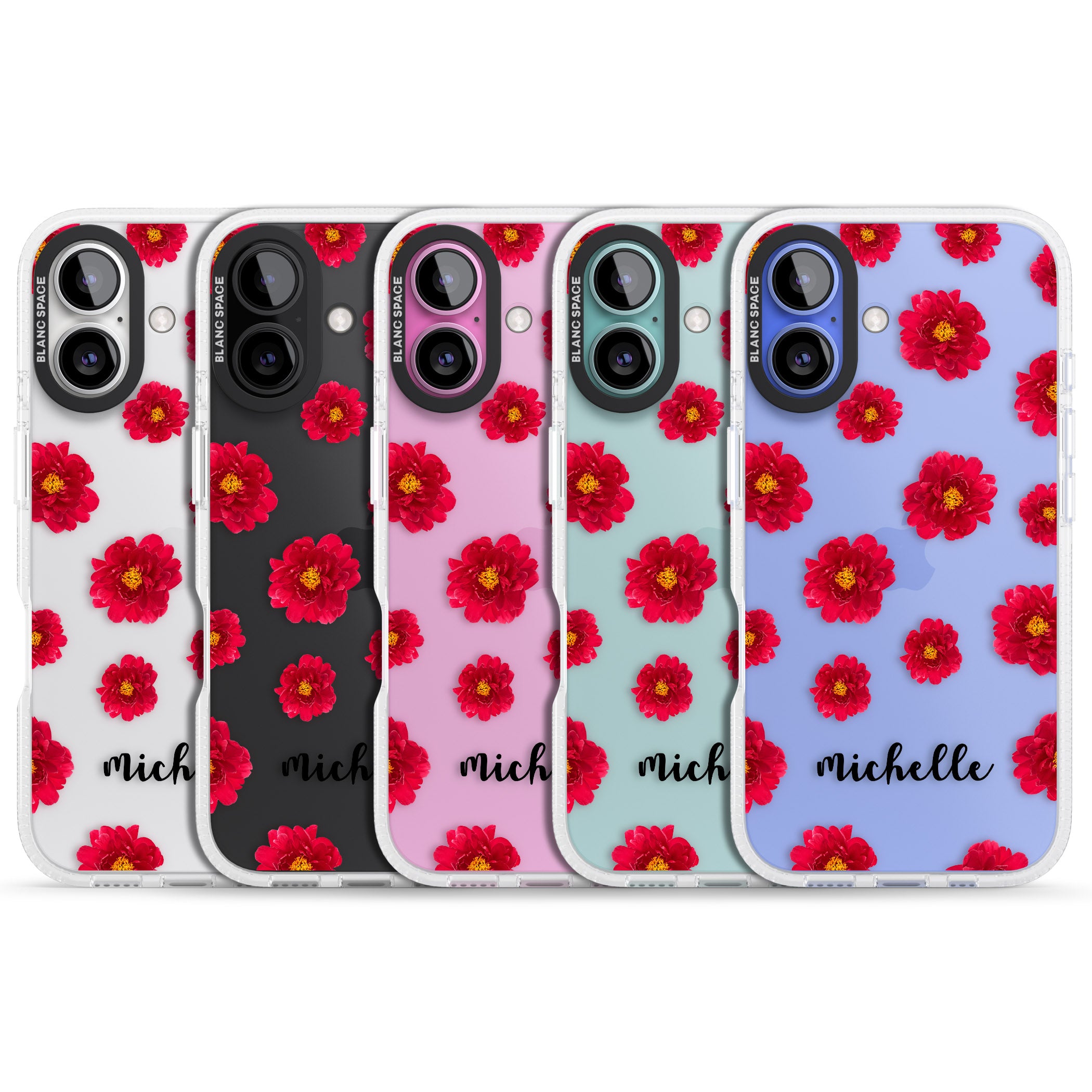 Personalised Red Peonies & Cursive iPhone 16 / 16 Plus Clear Case Impact Air - Blanc Space