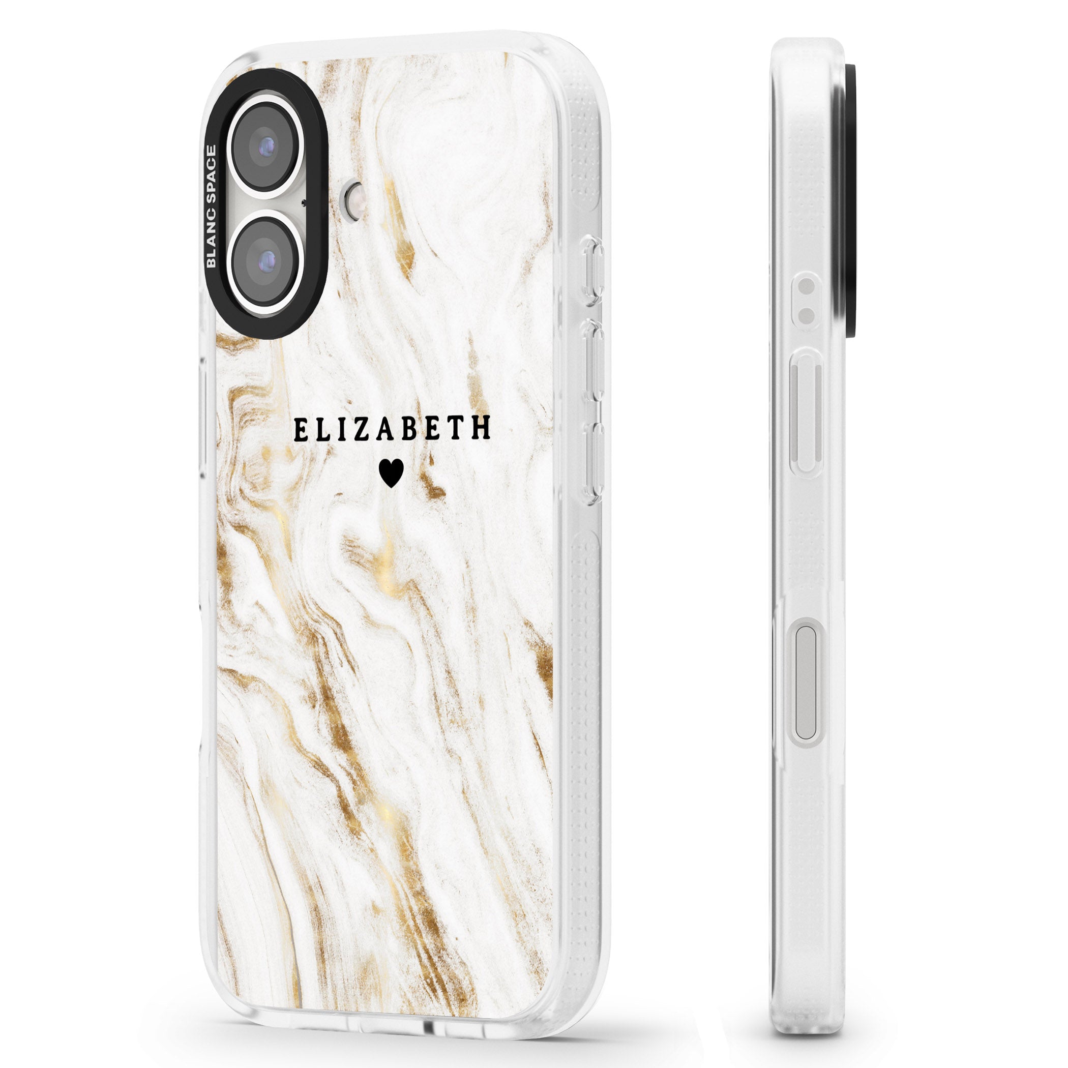 Personalised White & Gold Swirl Marble iPhone 16 / 16 Plus Clear Case Impact Air - Blanc Space