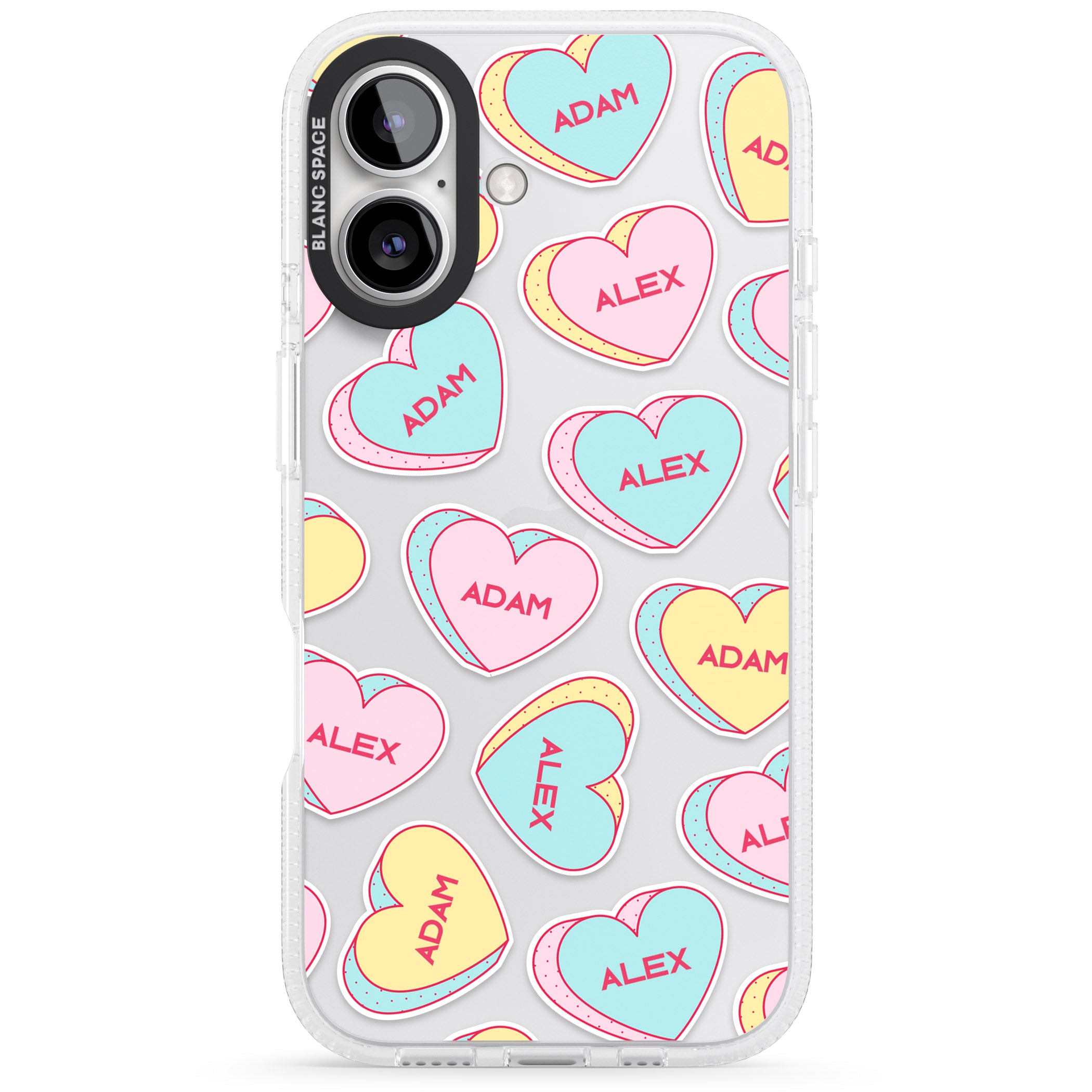 Personalised Text Love Hearts iPhone 16 / 16 Plus Clear Case Impact Air - Blanc Space