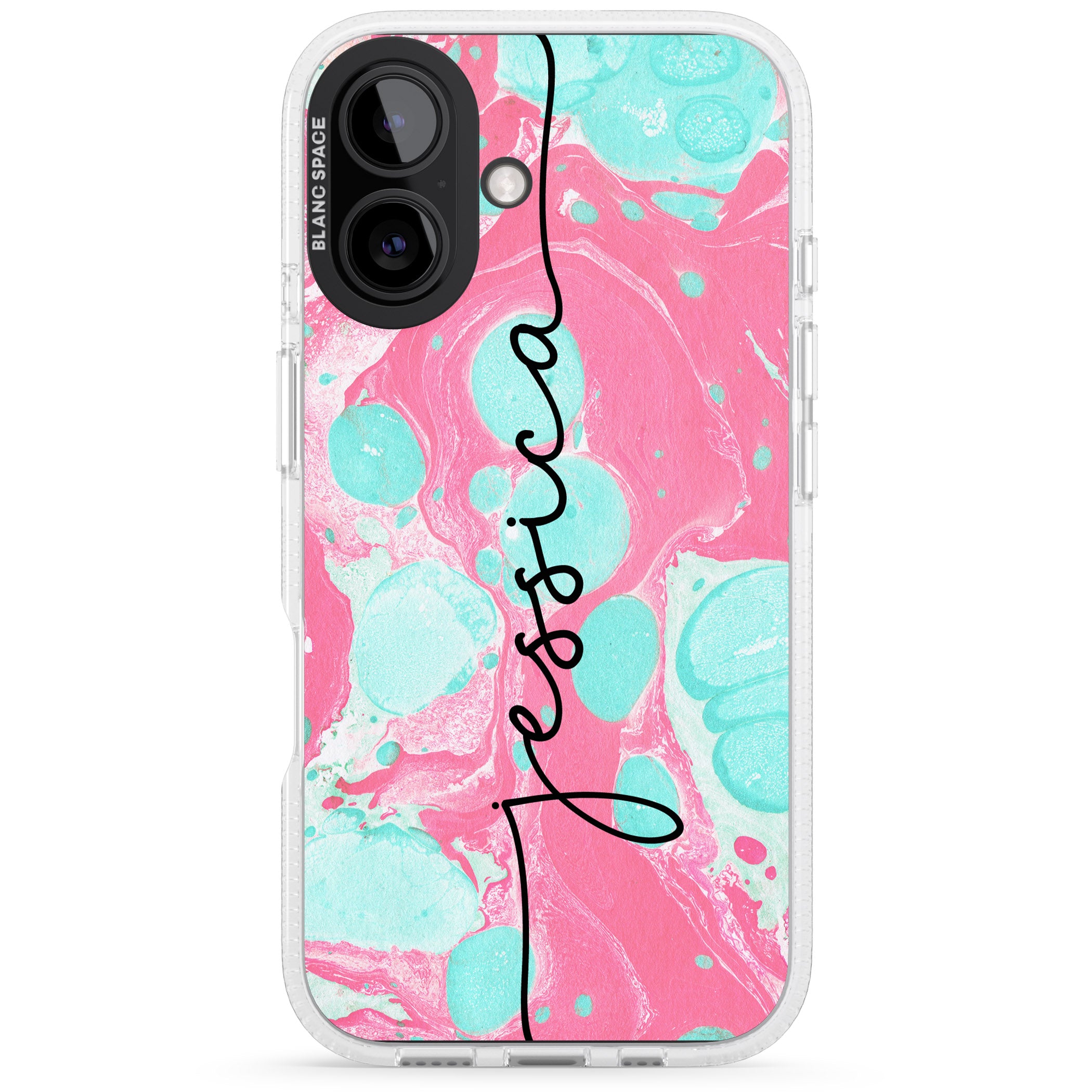 Personalised Turquoise & Pink - Marbled iPhone 16 / 16 Plus Clear Case Impact Air - Blanc Space