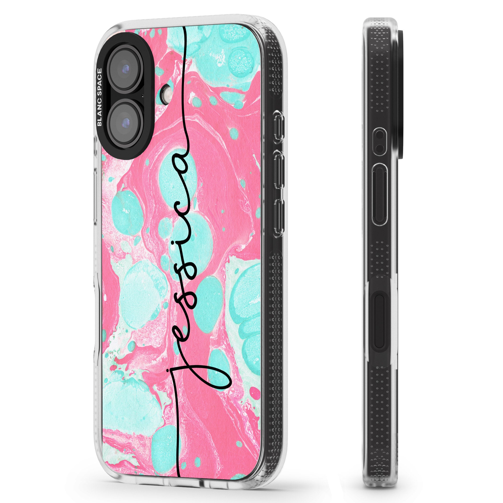 Personalised Turquoise & Pink - Marbled iPhone 16 / 16 Plus Clear Case Impact Air - Blanc Space