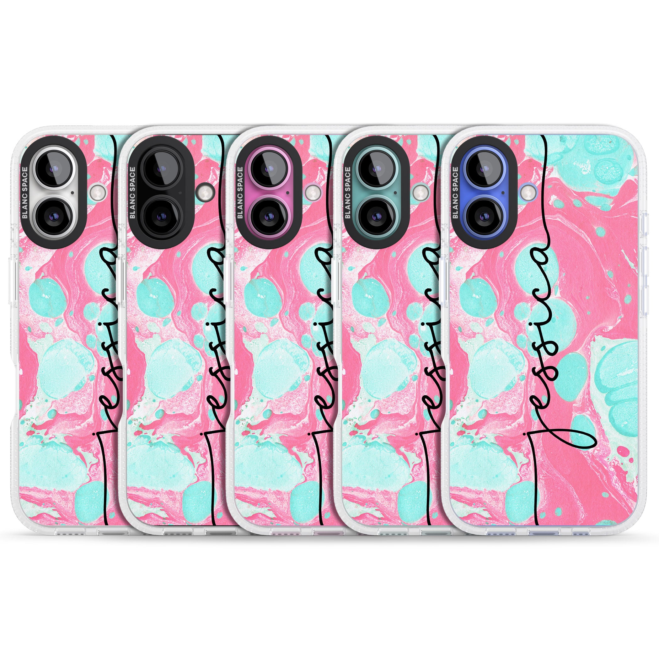Personalised Turquoise & Pink - Marbled iPhone 16 / 16 Plus Clear Case Impact Air - Blanc Space