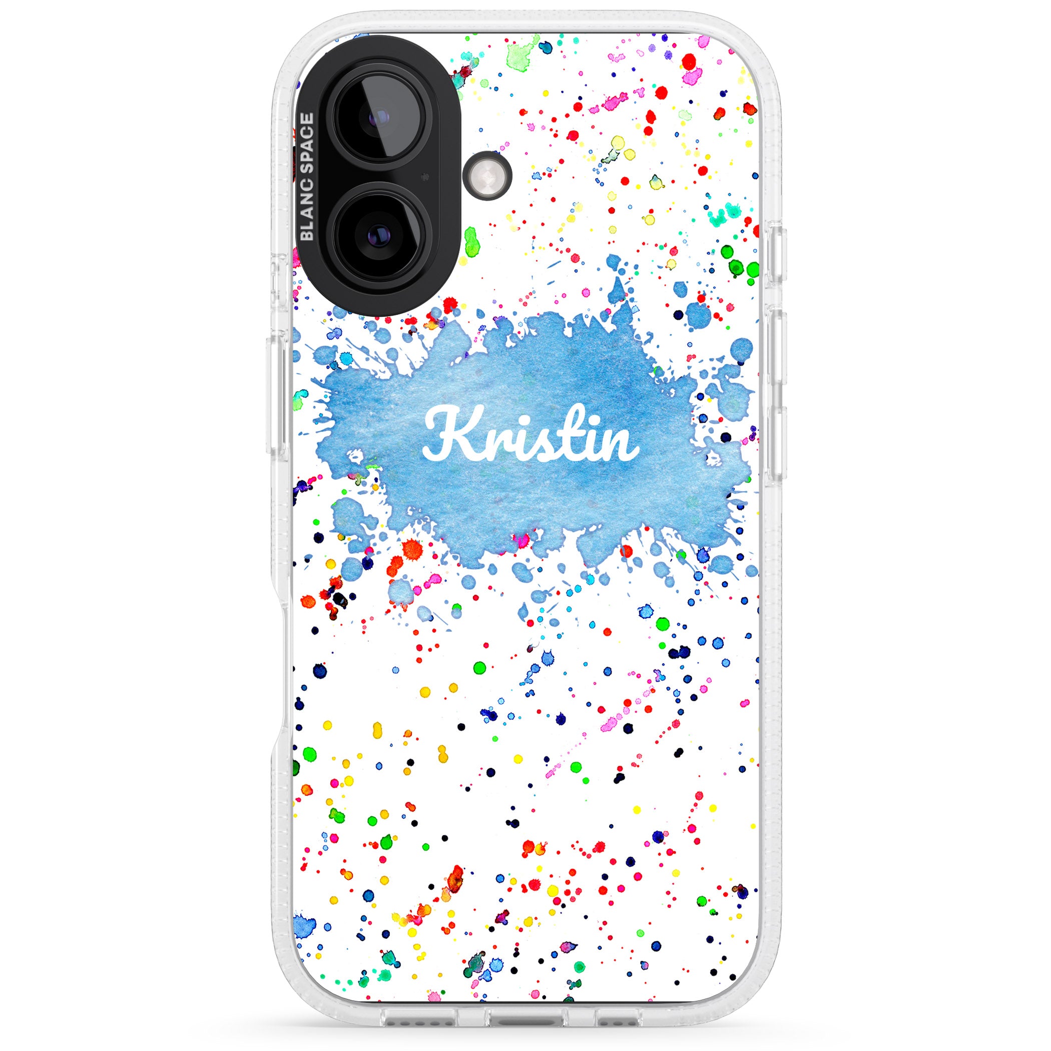 Personalised Rainbow Paint Splatter iPhone 16 / 16 Plus Clear Case Impact Air - Blanc Space