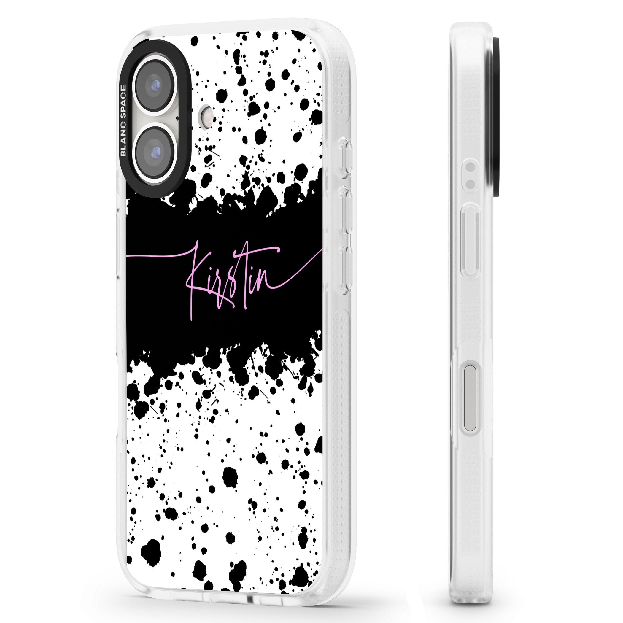Personalised Black & White Paint Splatters iPhone 16 / 16 Plus Clear Case Impact Air - Blanc Space