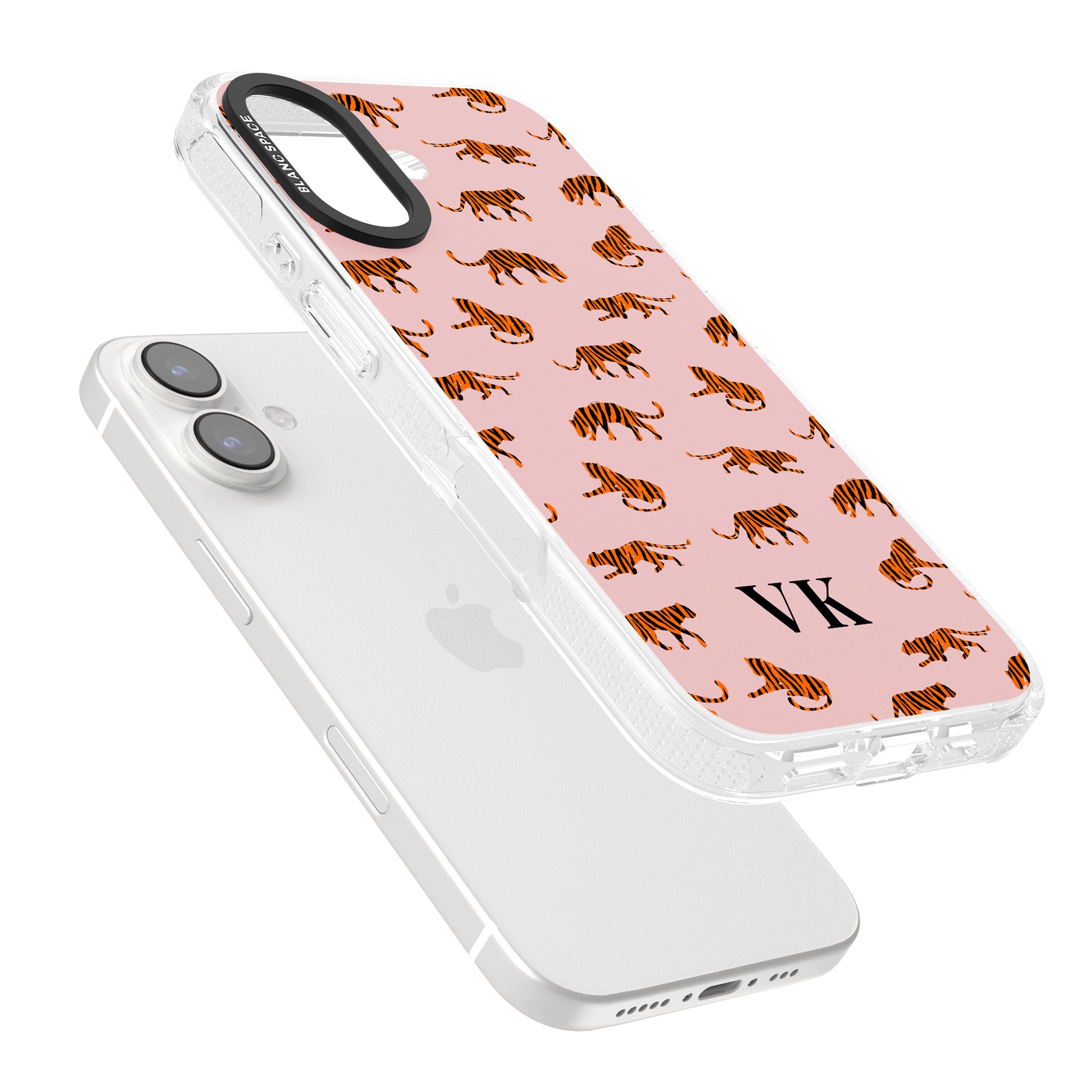 Personalised Safari Tiger Pattern on Pink iPhone 16 / 16 Plus Clear Case Impact Air - Blanc Space