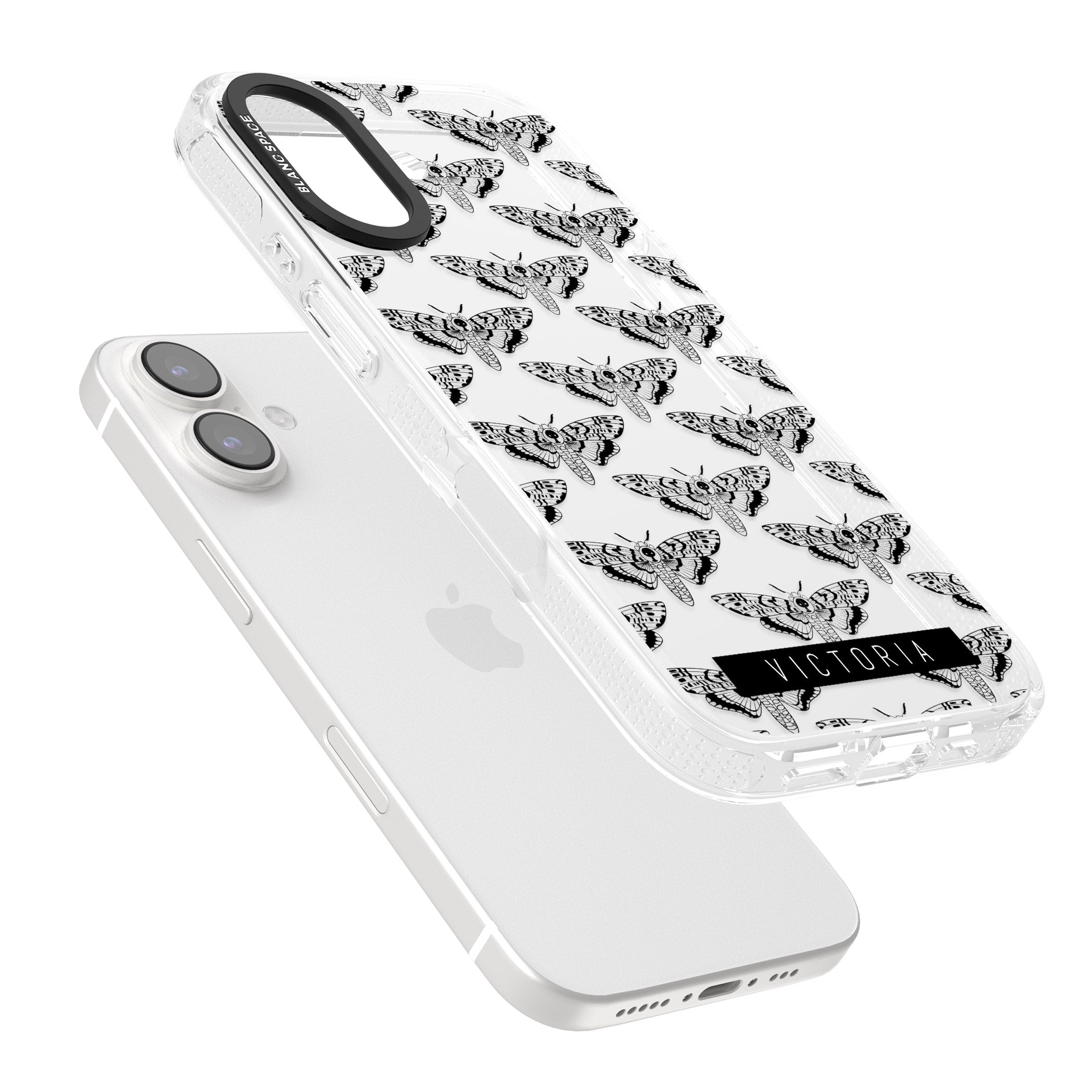 Personalised Hawk Moth Pattern iPhone 16 / 16 Plus Clear Case Impact Air - Blanc Space