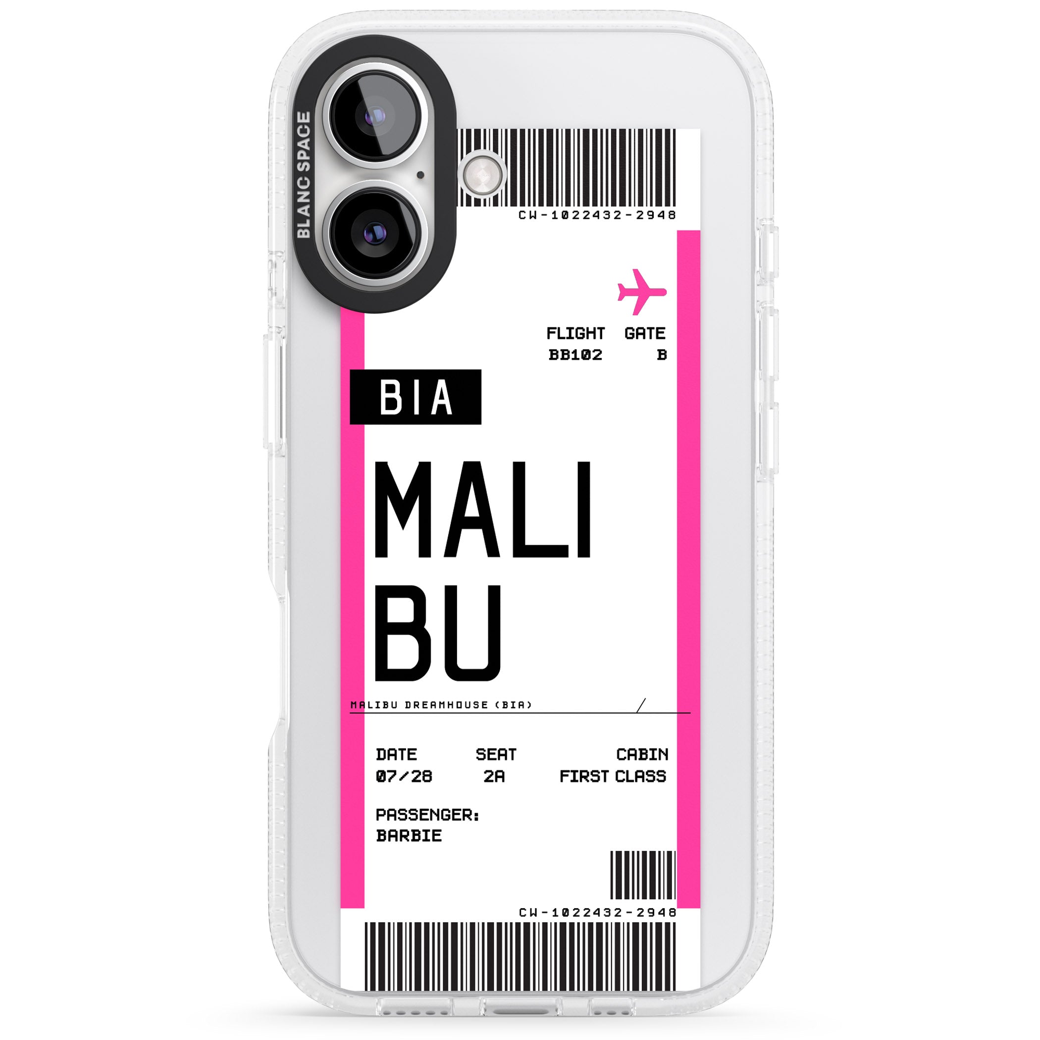 Personalised Pink Malibu Boarding Pass iPhone 16 / 16 Plus Clear Case Impact Air - Blanc Space