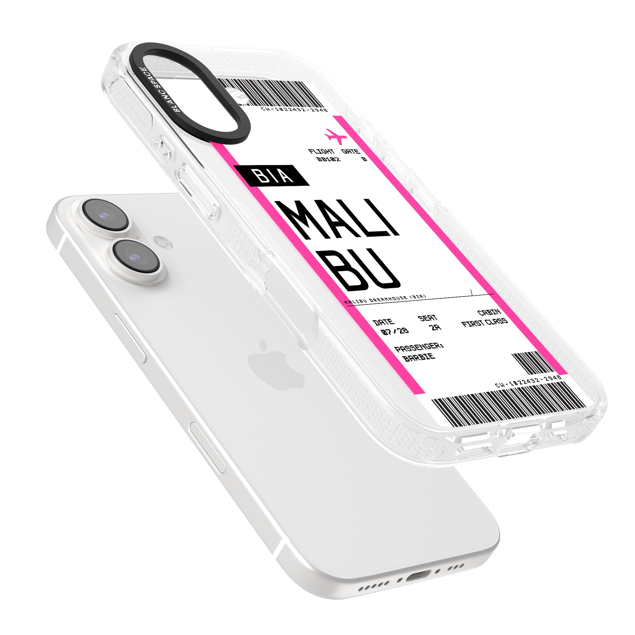 Personalised Pink Malibu Boarding Pass iPhone 16 / 16 Plus Clear Case Impact Air - Blanc Space