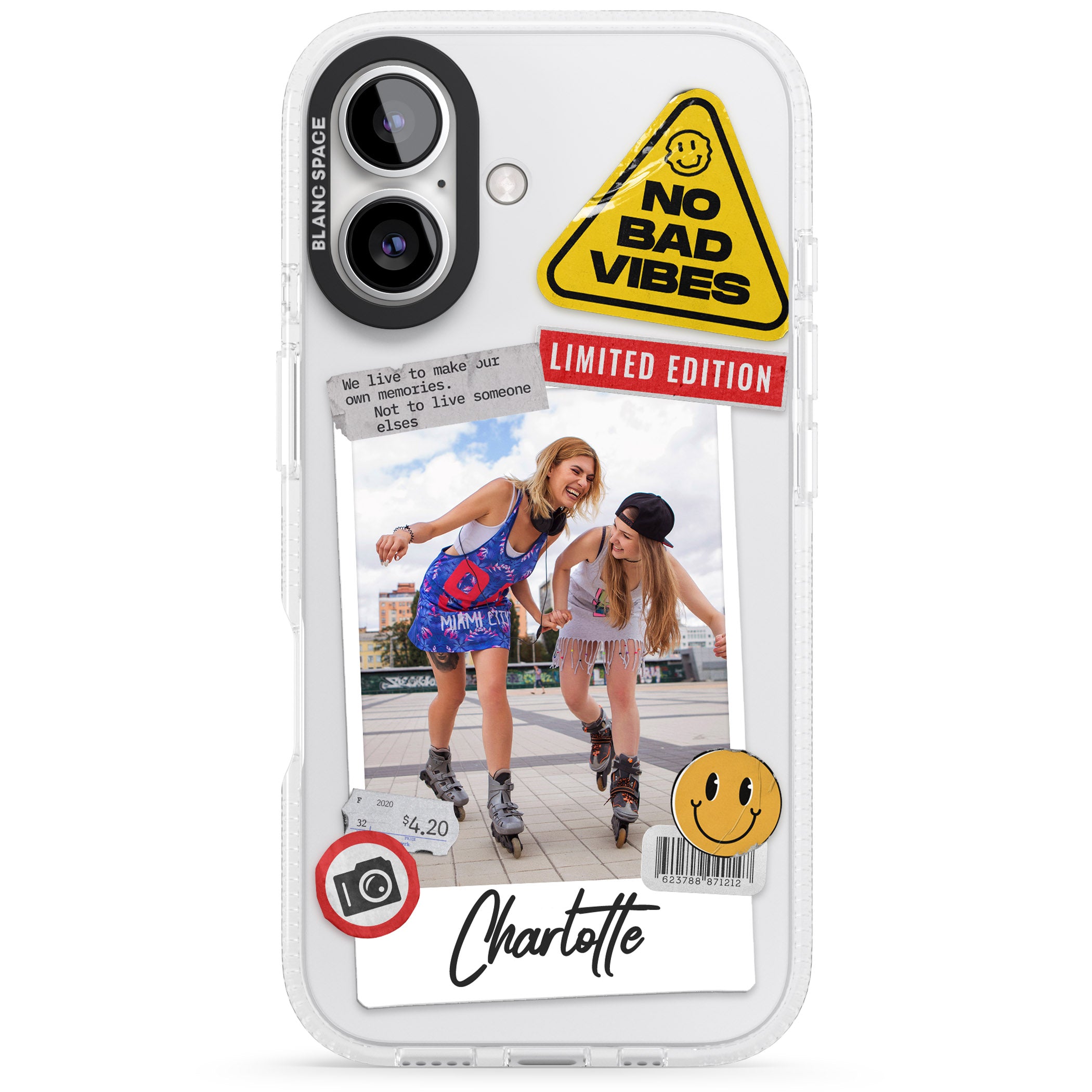 Personalised Sticker Mix Instant Photo iPhone 16 / 16 Plus Clear Case Impact Air - Blanc Space