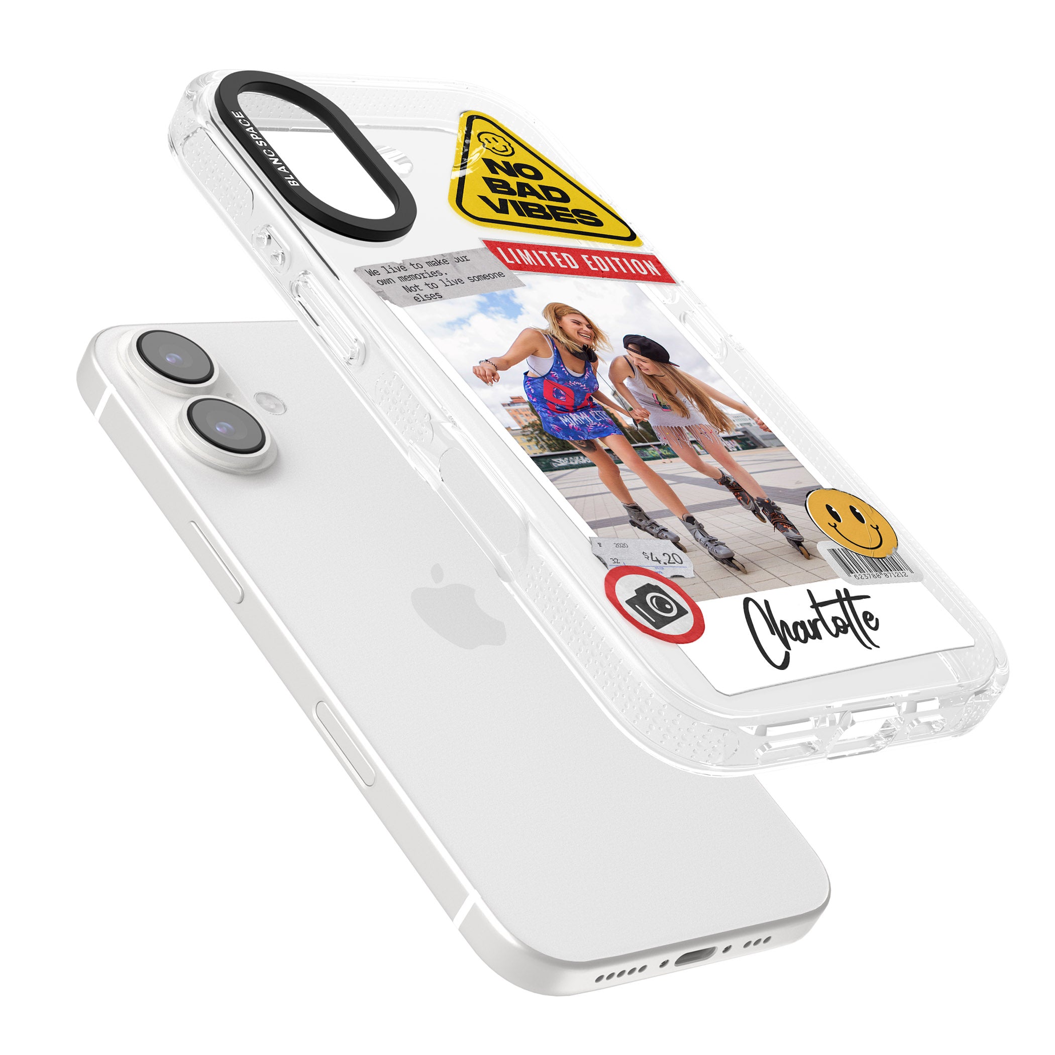 Personalised Sticker Mix Instant Photo iPhone 16 / 16 Plus Clear Case Impact Air - Blanc Space