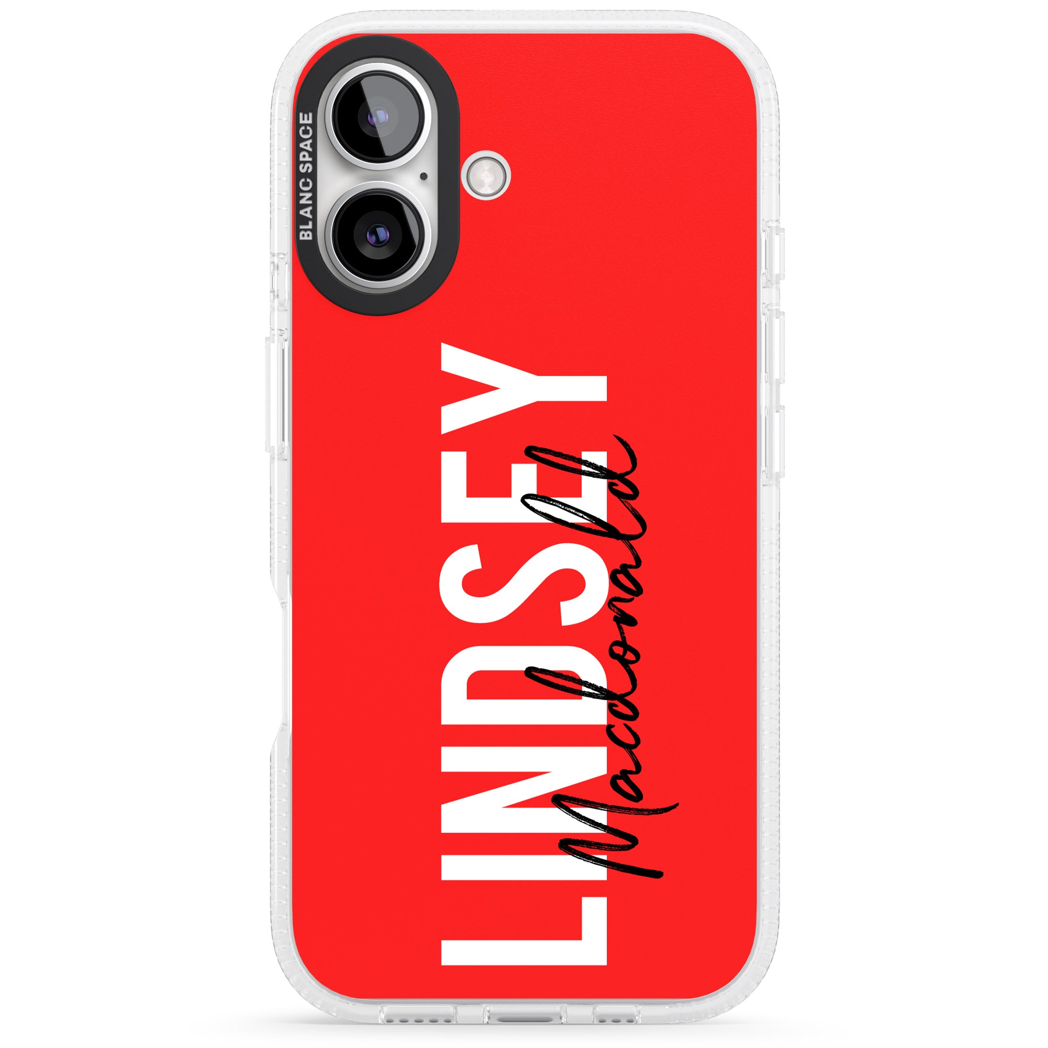 Personalised Bold Name: Red iPhone 16 / 16 Plus Clear Case Impact Air - Blanc Space