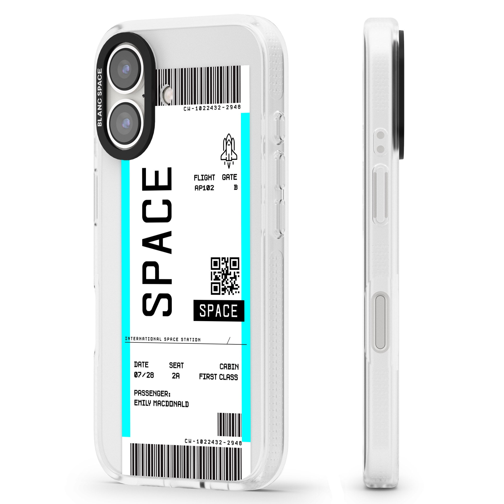 Personalised Space Space Travel Ticket iPhone 16 / 16 Plus Clear Case Impact Air - Blanc Space
