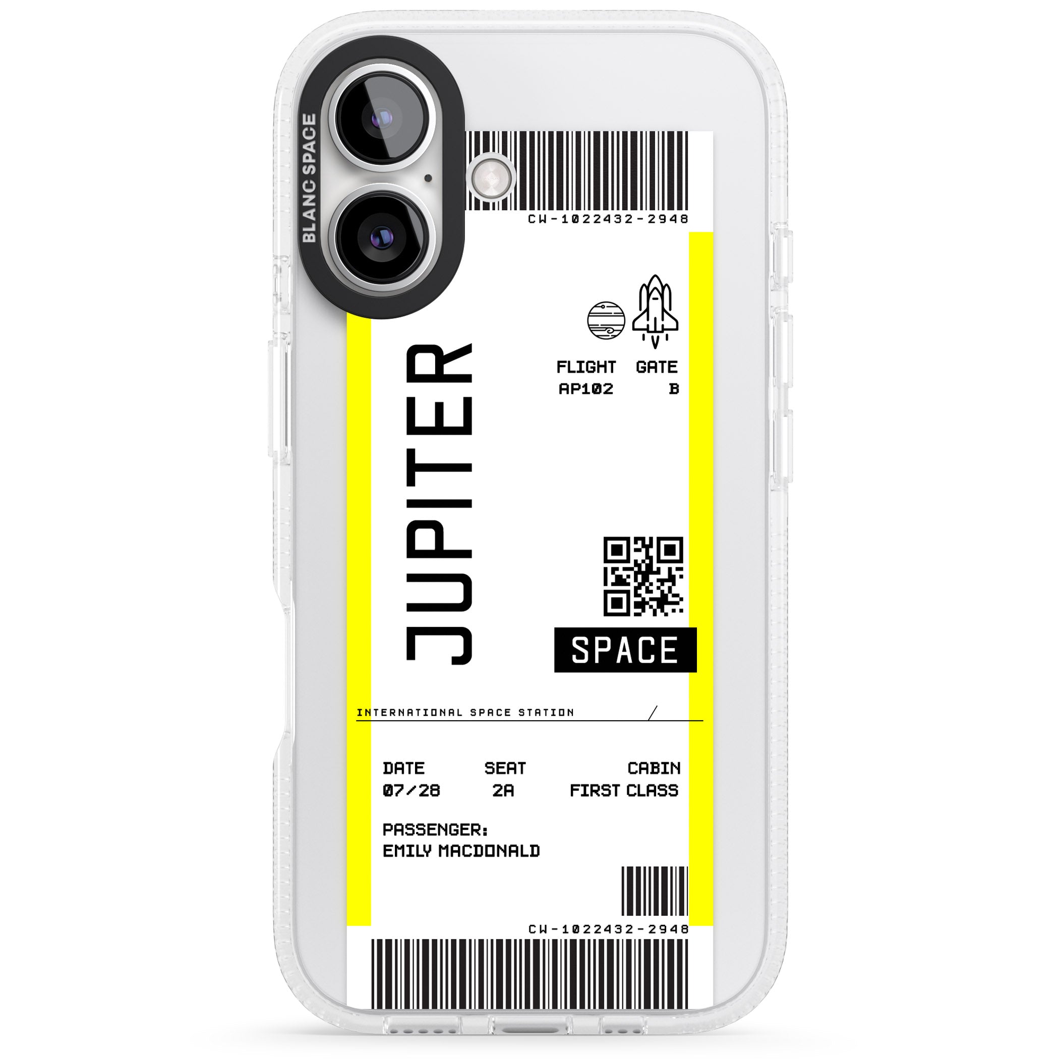 Personalised Jupiter Travel Ticket iPhone 16 / 16 Plus Clear Case Impact Air - Blanc Space