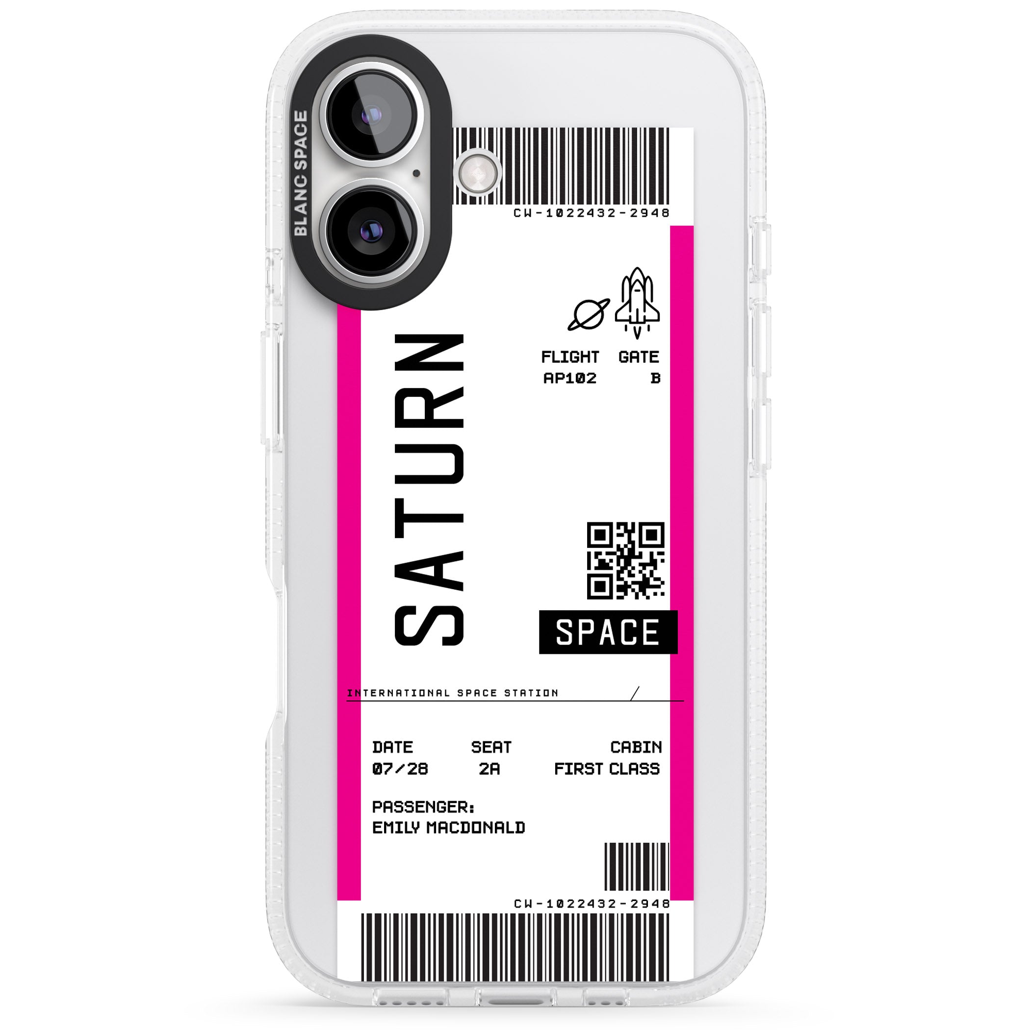 Personalised Saturn Space Travel Ticket iPhone 16 / 16 Plus Clear Case Impact Air - Blanc Space
