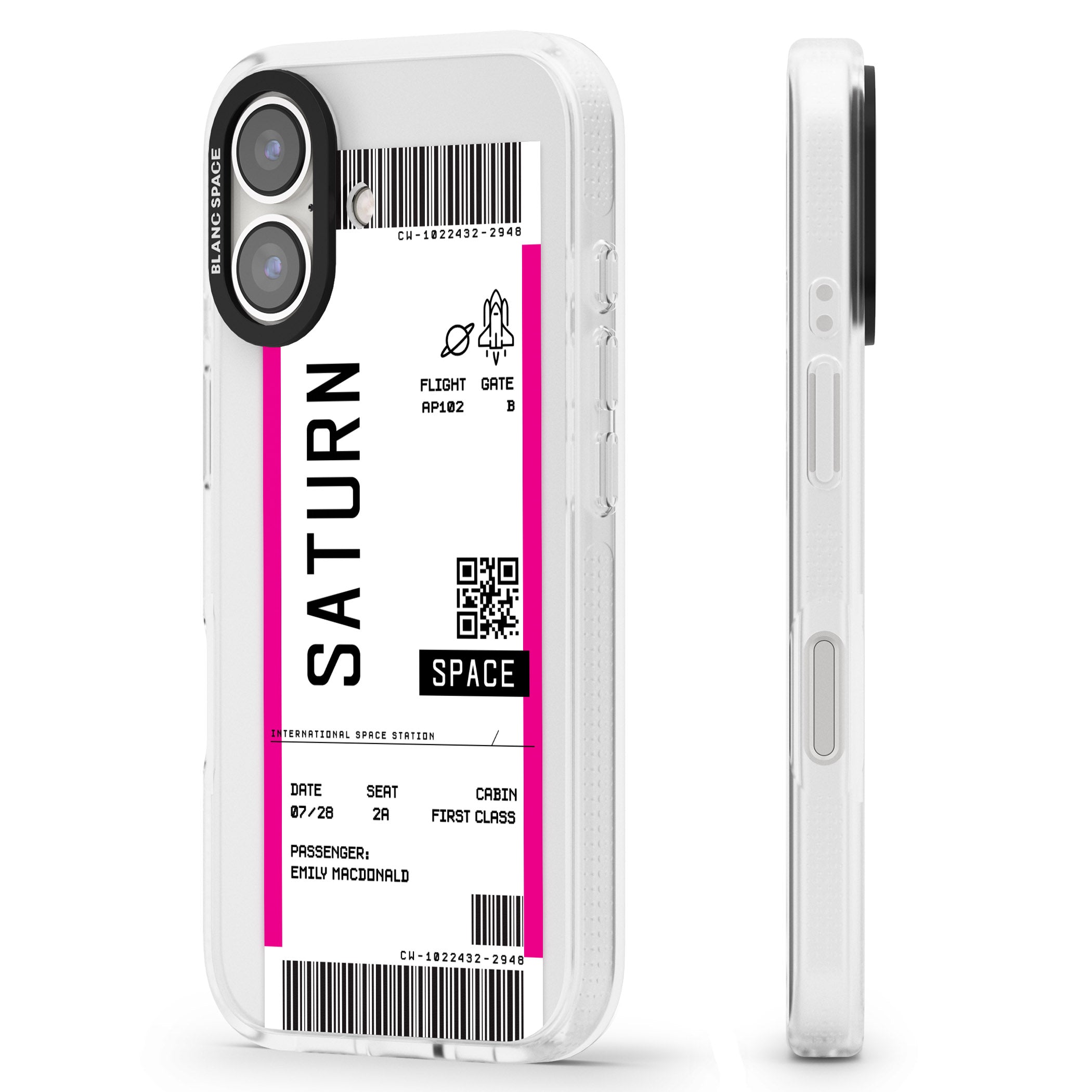 Personalised Saturn Space Travel Ticket iPhone 16 / 16 Plus Clear Case Impact Air - Blanc Space