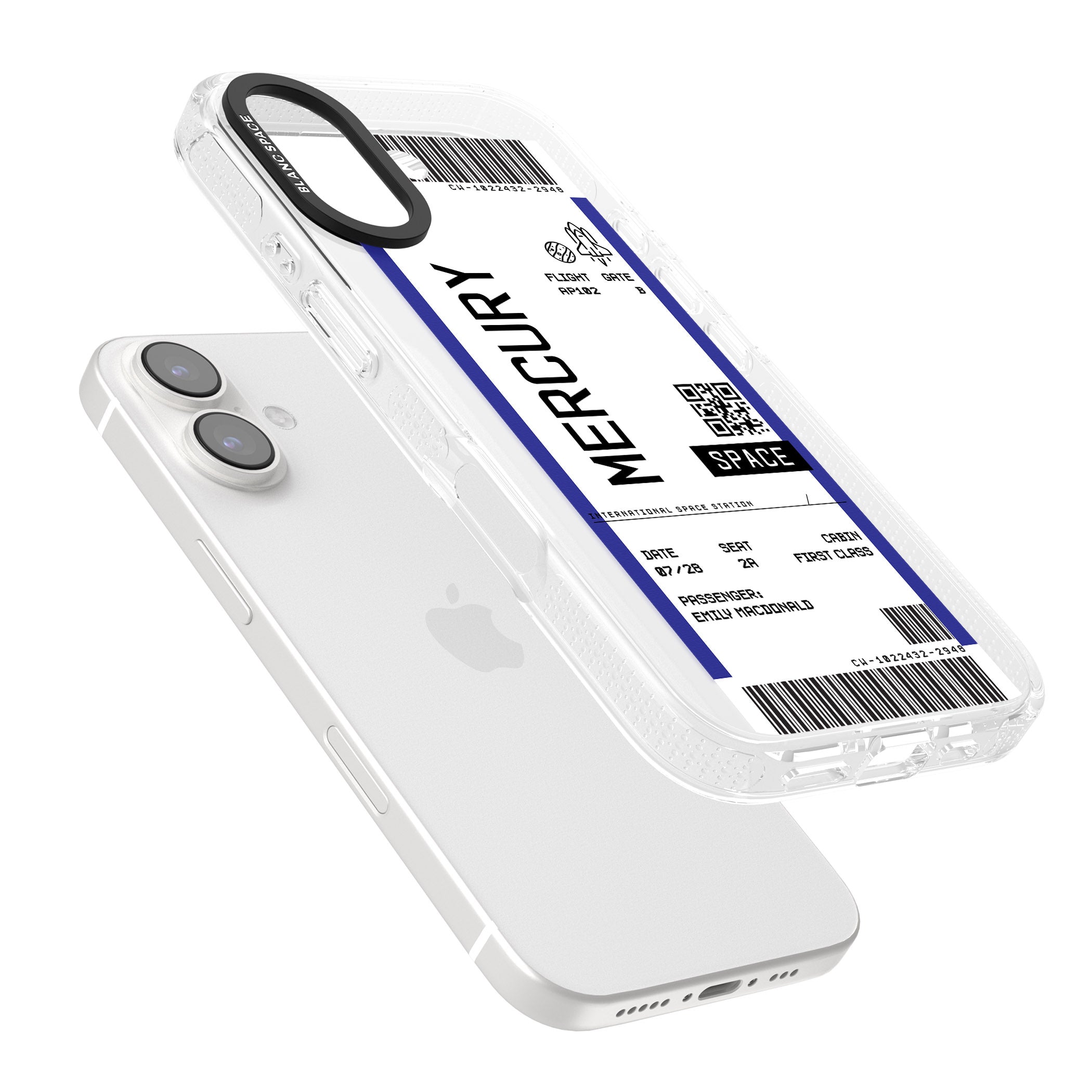 Personalised Mercury Space Travel Ticket iPhone 16 / 16 Plus Clear Case Impact Air - Blanc Space