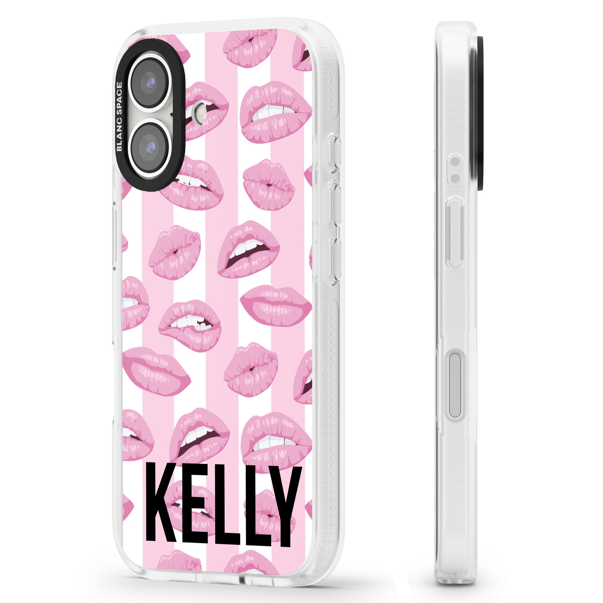 Personalised Pink Stripes & Lips iPhone 16 / 16 Plus Clear Case Impact Air - Blanc Space
