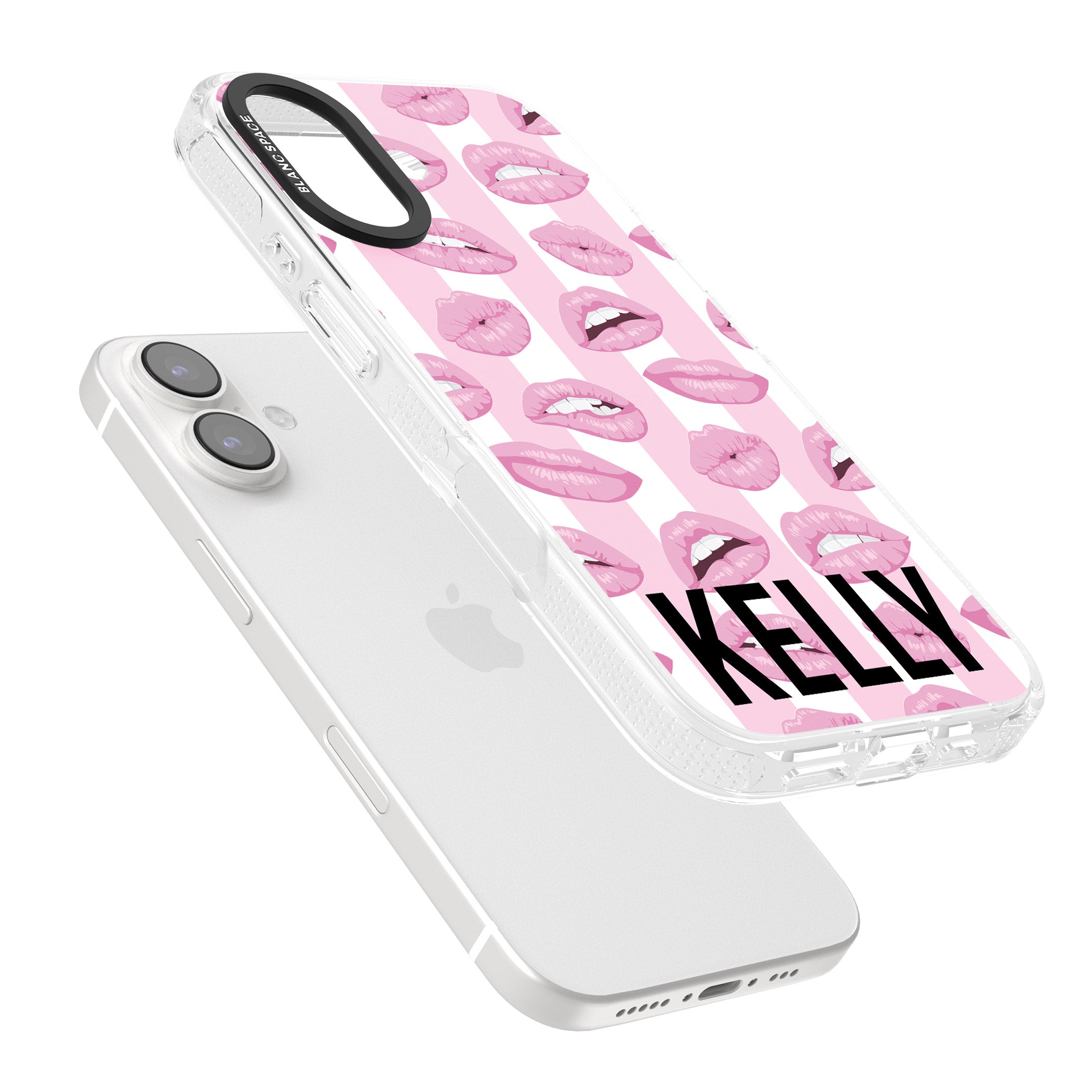 Personalised Pink Stripes & Lips iPhone 16 / 16 Plus Clear Case Impact Air - Blanc Space