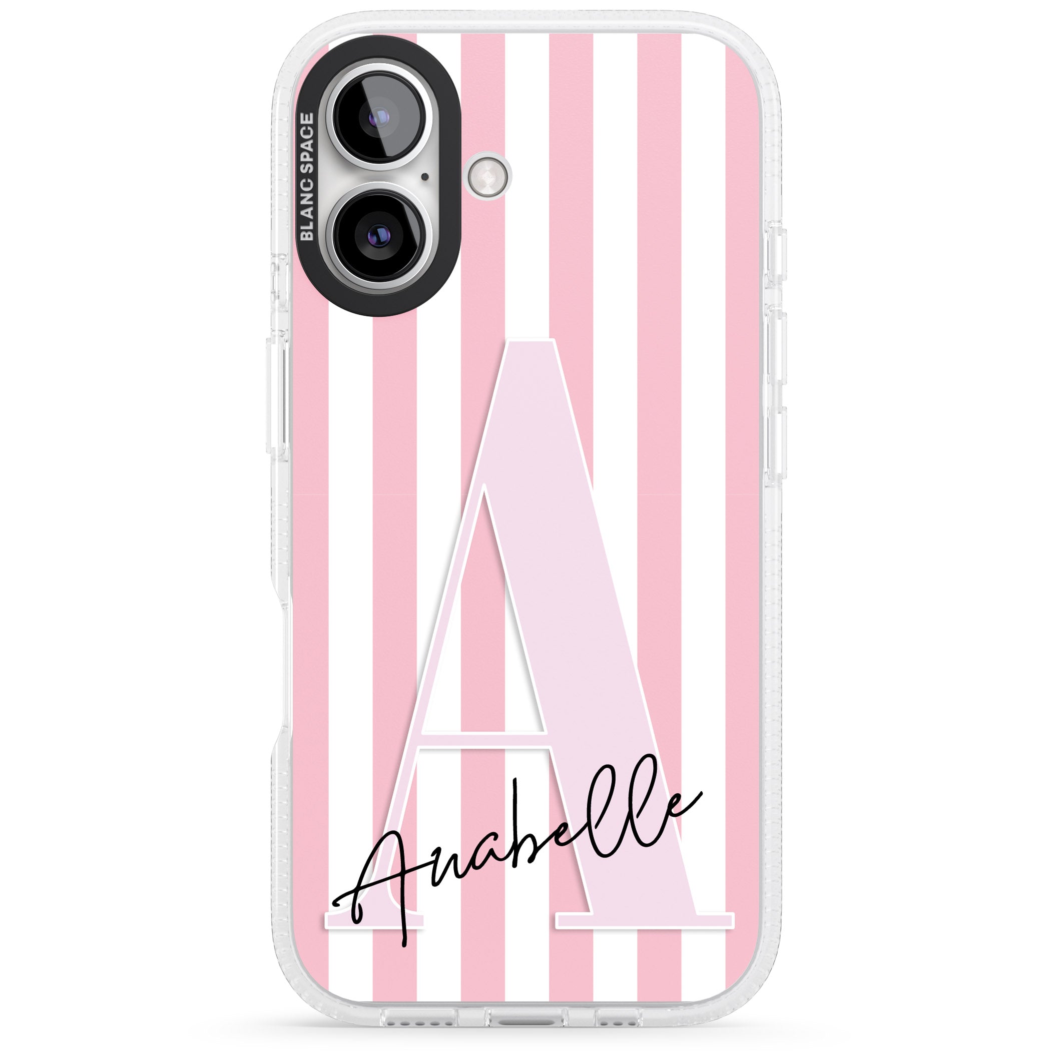 Personalised Pink Stripes & Large Monogram iPhone 16 / 16 Plus Clear Case Impact Air - Blanc Space