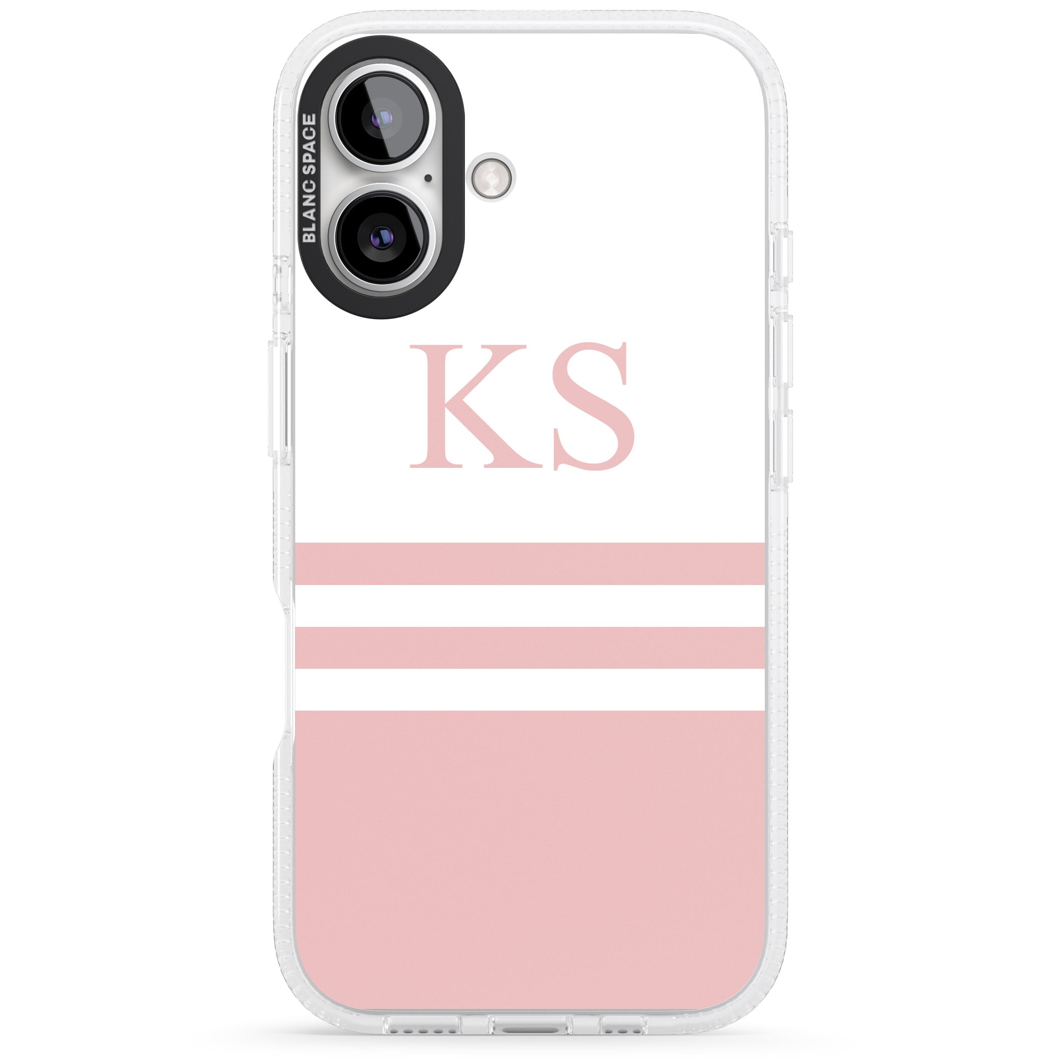 Personalised Minimal Pink Stripes & Initials iPhone 16 / 16 Plus Clear Case Impact Air - Blanc Space