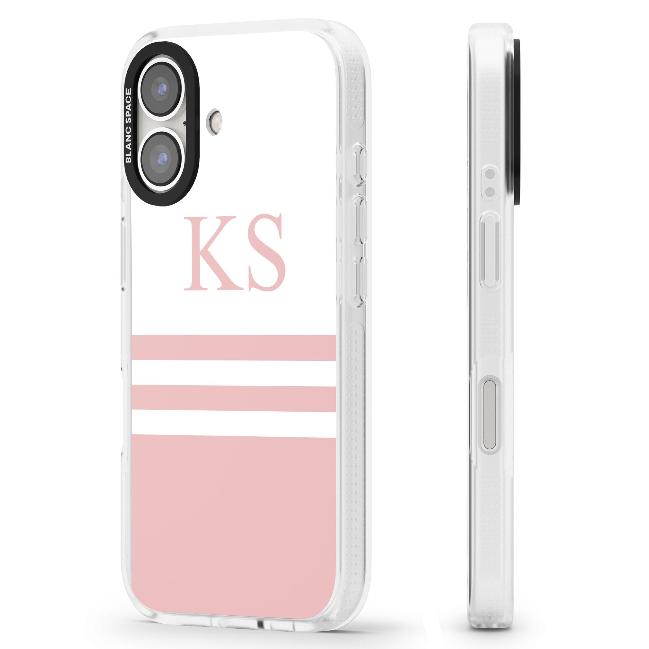 Personalised Minimal Pink Stripes & Initials iPhone 16 / 16 Plus Clear Case Impact Air - Blanc Space