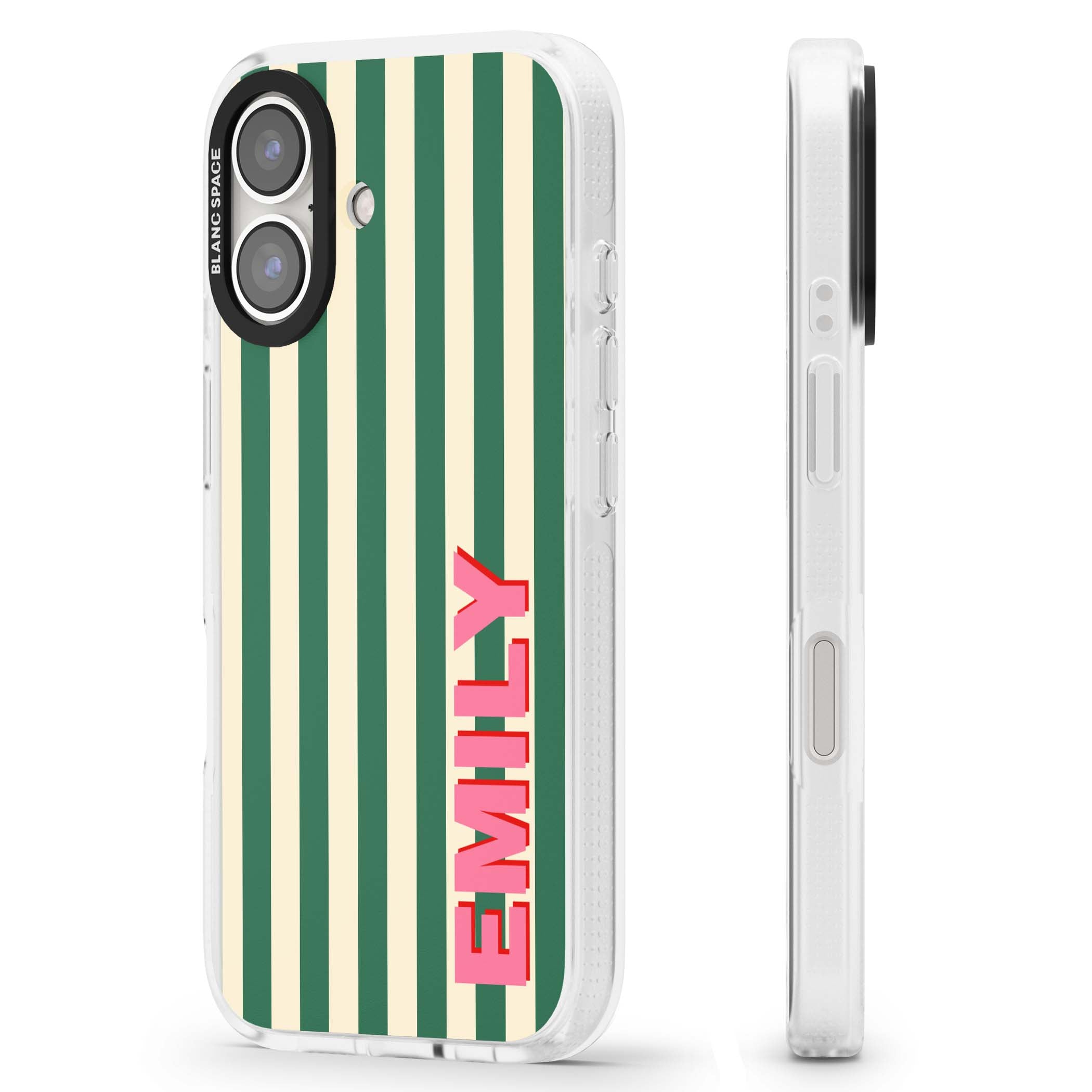 Wimbledon Stripe preppy iPhone case featuring green and cream vertical stripes with a personalised pink name | Clear Case Impact Air case for iPhone 16, iPhone 16 Plus