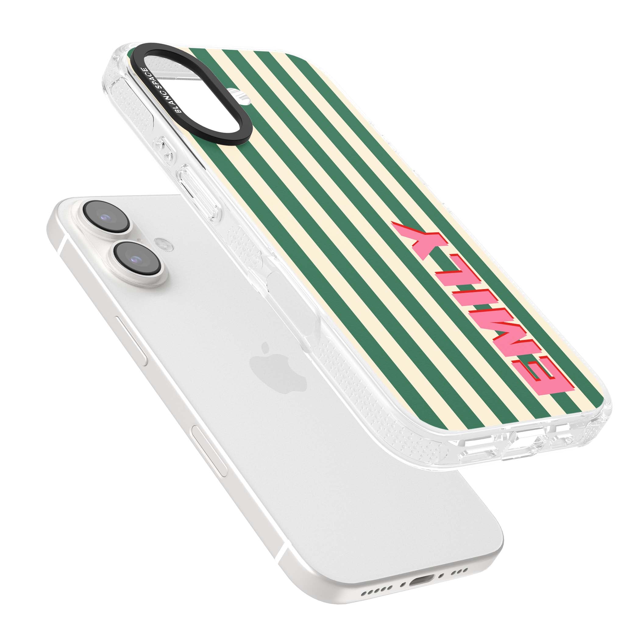 Wimbledon Stripe preppy iPhone case featuring green and cream vertical stripes with a personalised pink name | Clear Case Impact Air case for iPhone 16, iPhone 16 Plus