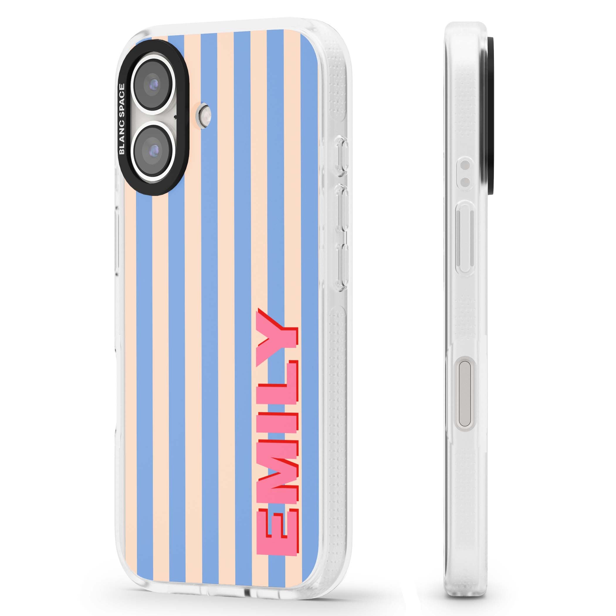 Coastal Stripe personalised coastal iPhone case with blue and peach vertical stripes and custom pink name | Clear Case Impact Air case for iPhone 16, iPhone 16 Plus