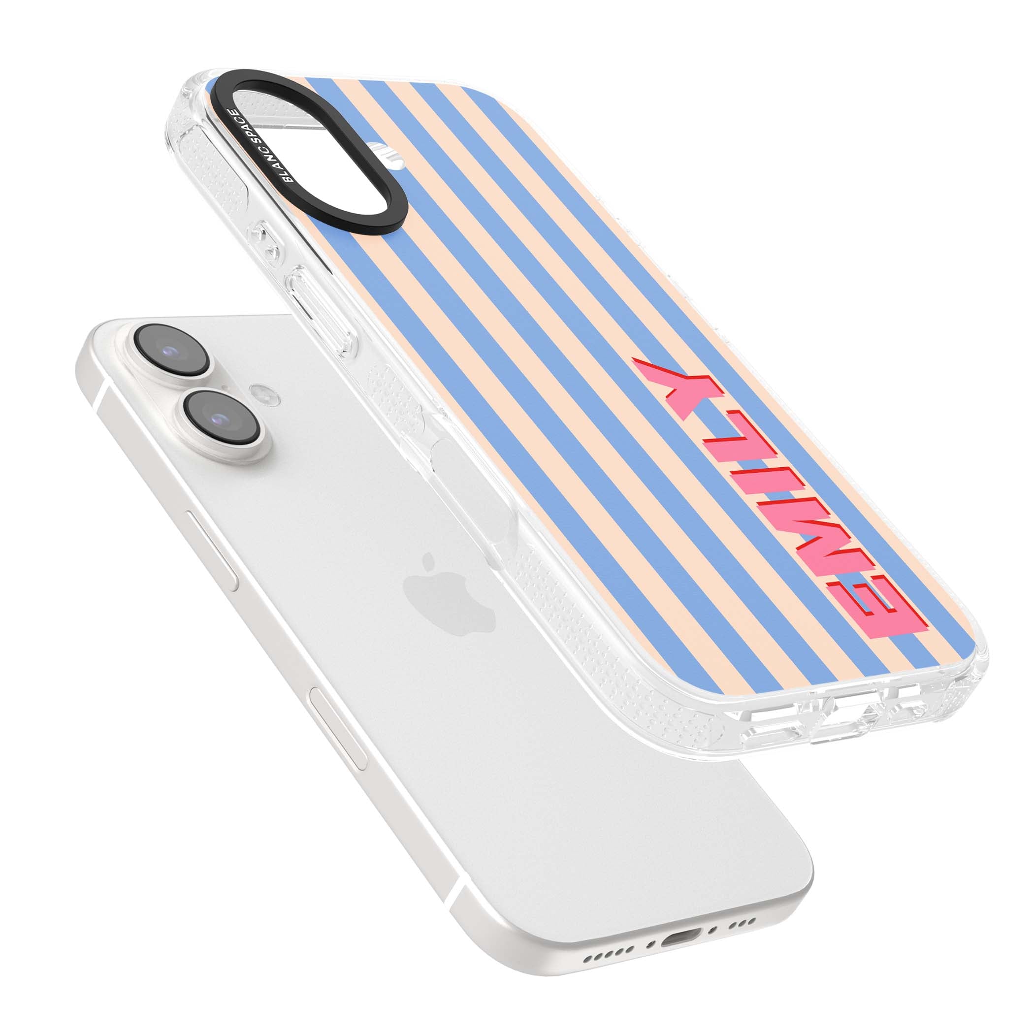 Coastal Stripe personalised coastal iPhone case with blue and peach vertical stripes and custom pink name | Clear Case Impact Air case for iPhone 16, iPhone 16 Plus