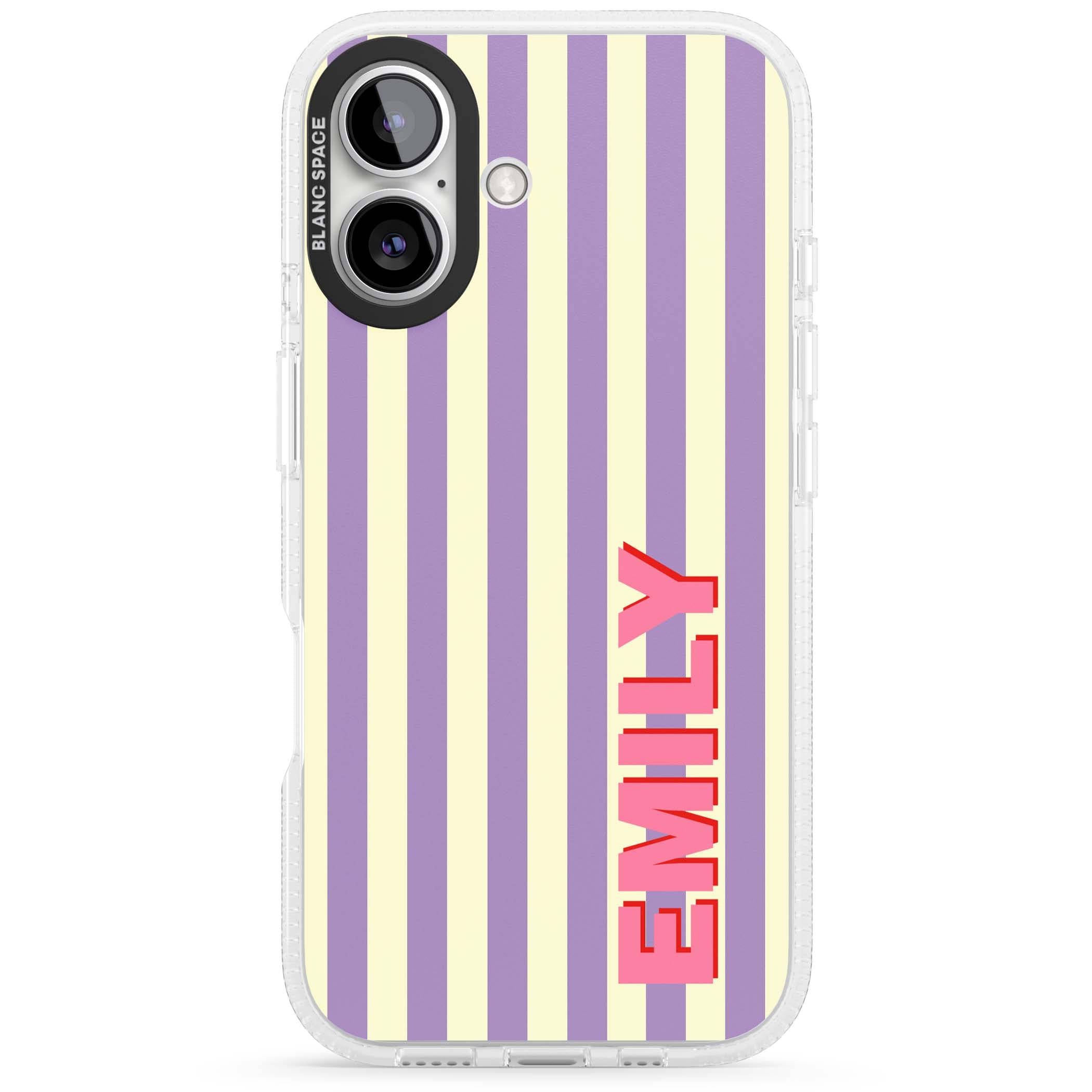 Valensole Stripe personalised iPhone case with purple and cream vertical stripes and pink custom name | Clear Case Impact Air case for iPhone 16, iPhone 16 Plus