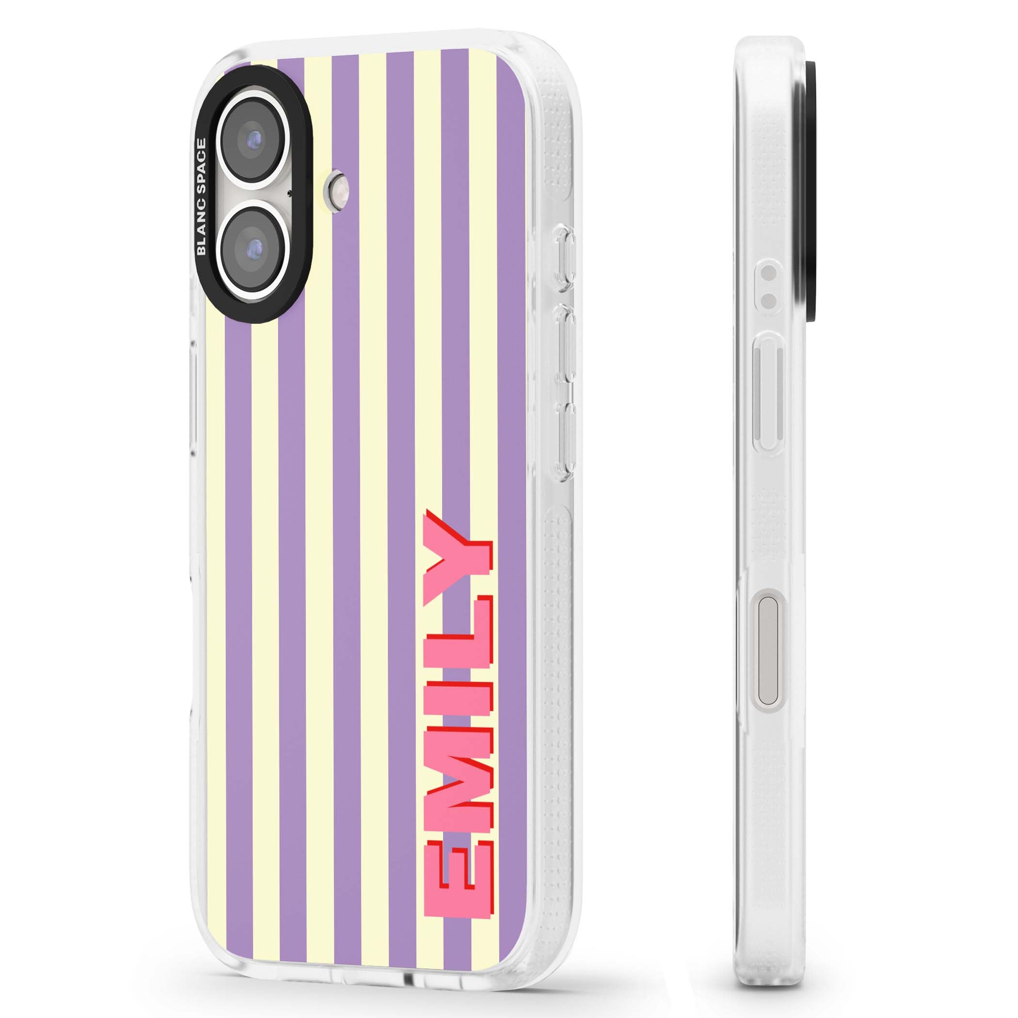 Valensole Stripe personalised iPhone case with purple and cream vertical stripes and pink custom name | Clear Case Impact Air case for iPhone 16, iPhone 16 Plus