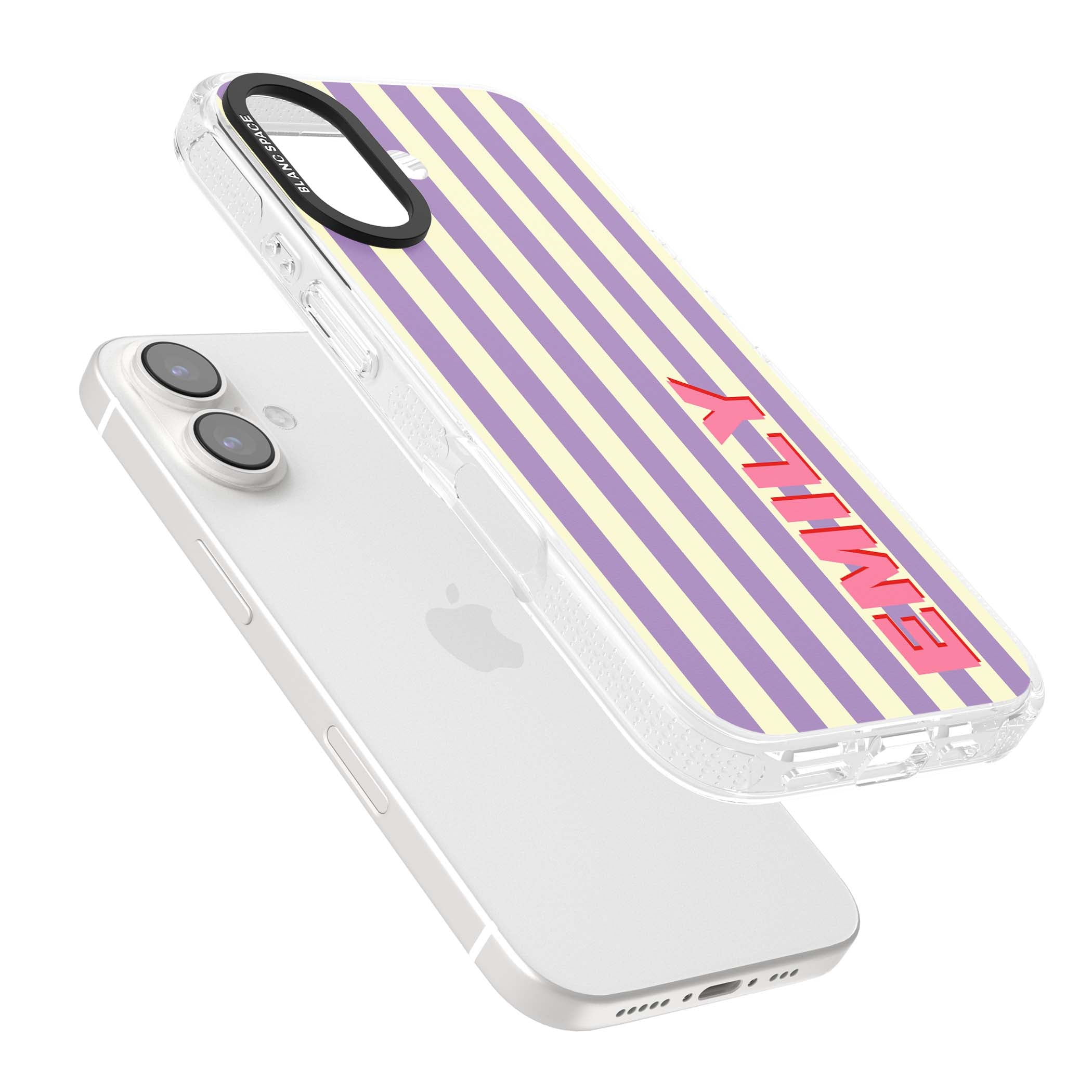 Valensole Stripe personalised iPhone case with purple and cream vertical stripes and pink custom name | Clear Case Impact Air case for iPhone 16, iPhone 16 Plus
