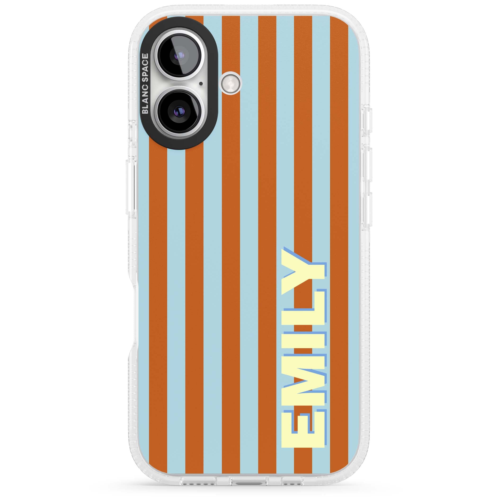 Cappadocia Stripe personalised coastal iPhone case featuring blue and orange vertical stripes with custom cream name | Clear Case Impact Air case for iPhone 16, iPhone 16 Plus