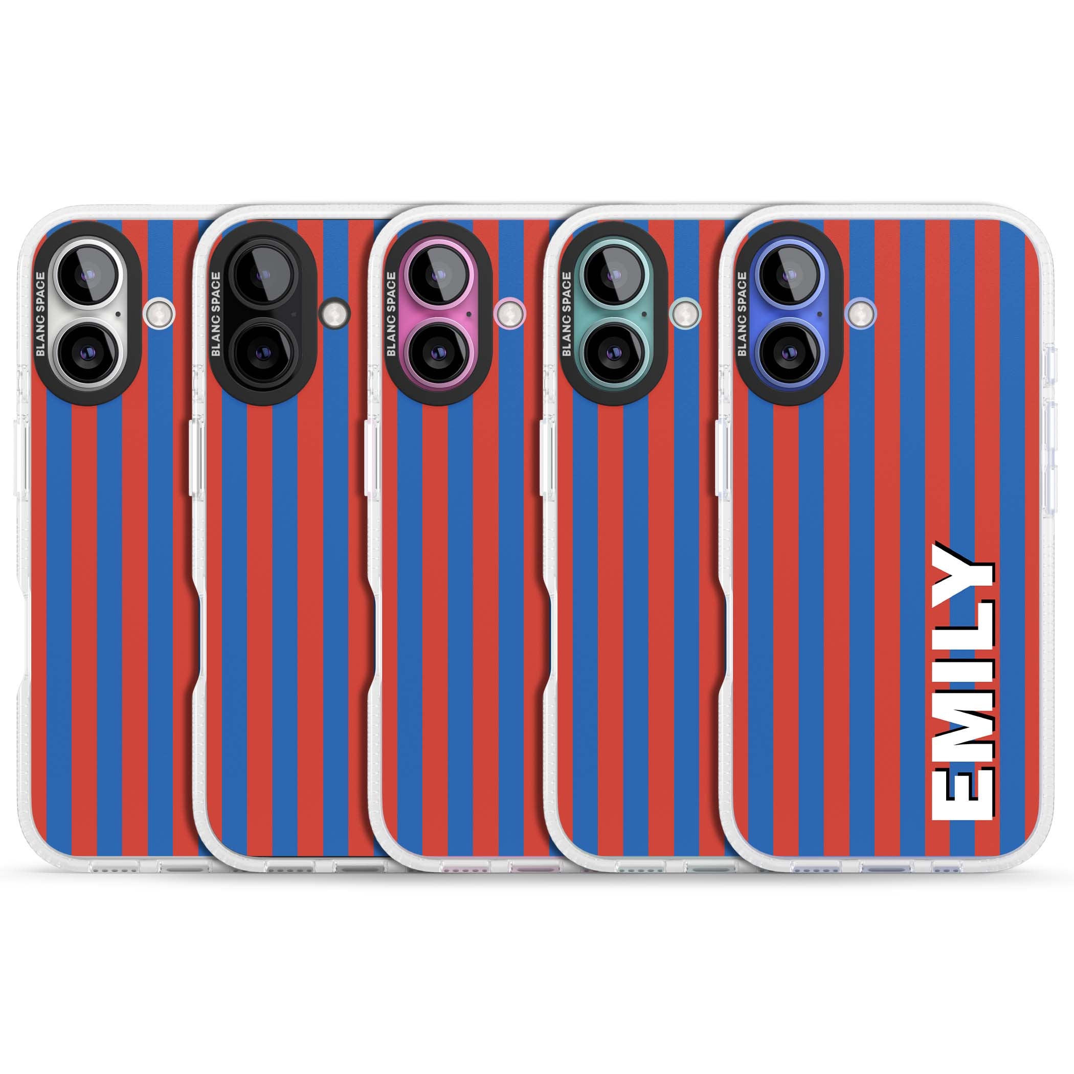 Cuban Stripe personalised iPhone case featuring red and blue vertical stripes with custom name in bold white letters | Clear Case Impact Air case for iPhone 16, iPhone 16 Plus