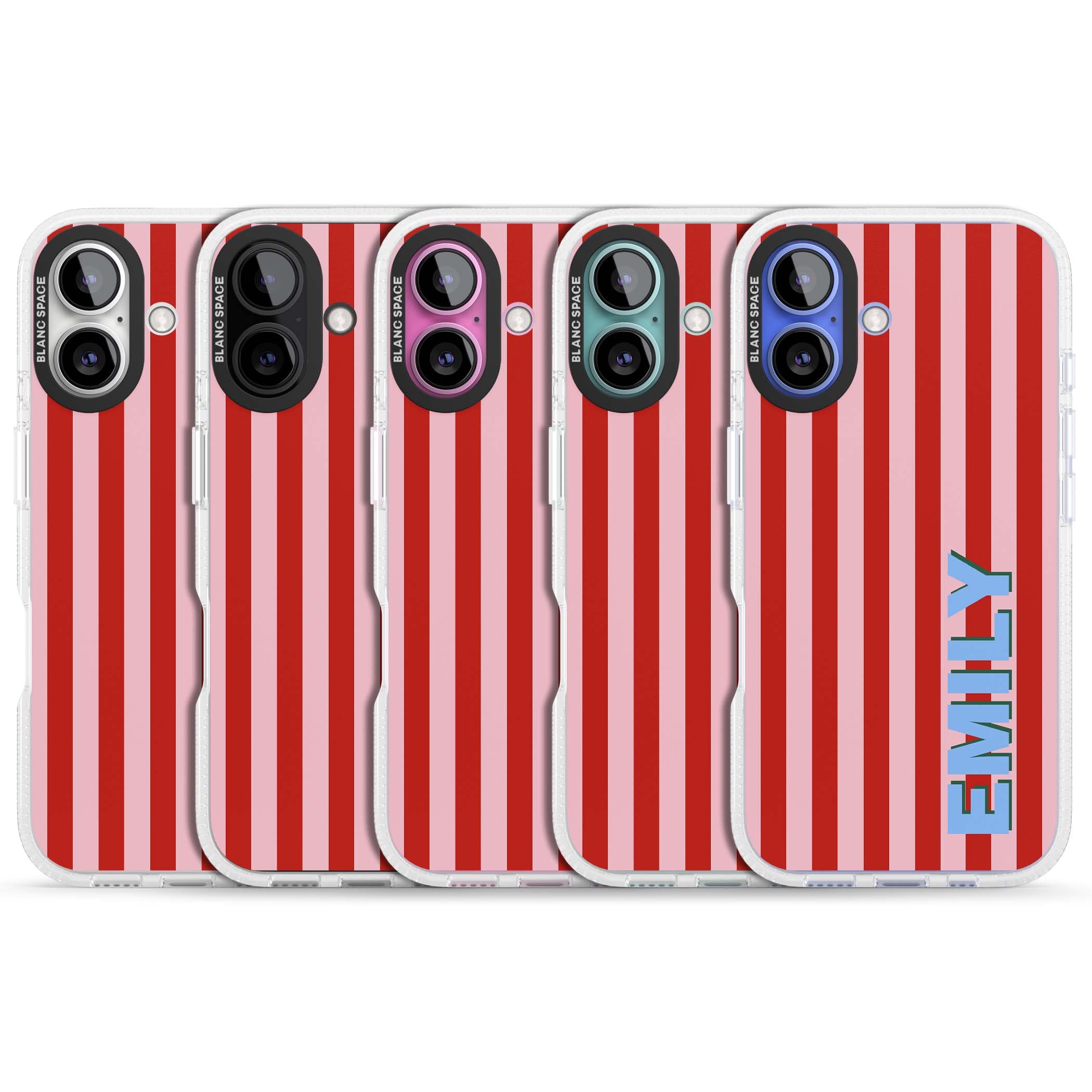 Market Stripe personalised iPhone case with red and pink vertical stripes and custom blue name | Clear Case Impact Air case for iPhone 16, iPhone 16 Plus