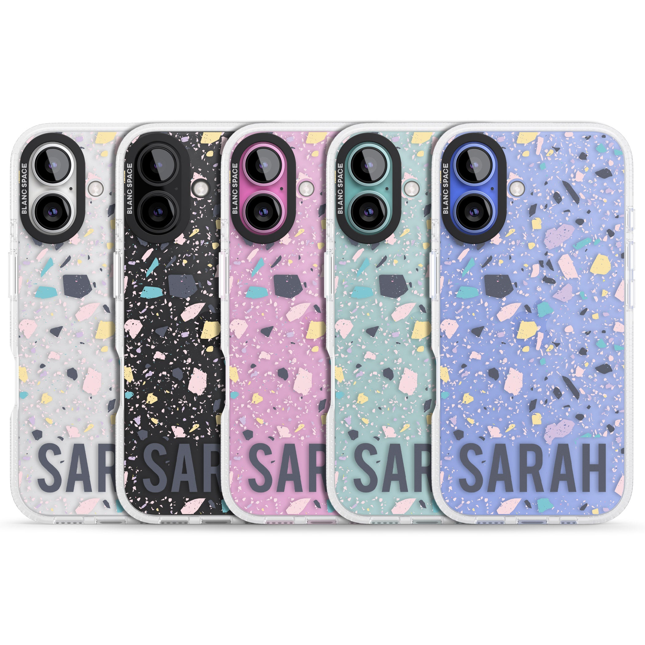 Personalised Terrazzo - Pink, Purple, Blue iPhone 16 / 16 Plus Clear Case Impact Air - Blanc Space