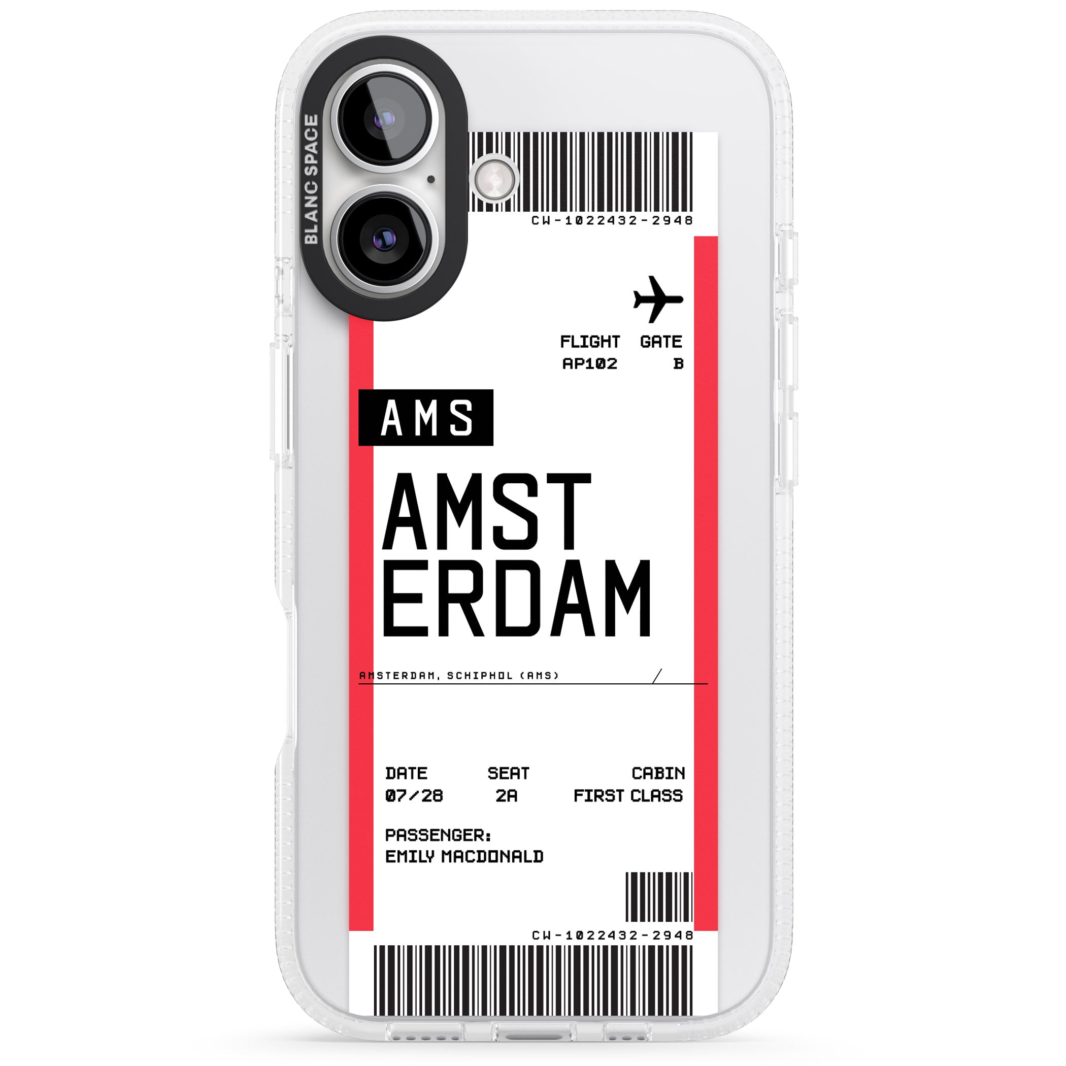 Personalised Amsterdam Boarding Pass iPhone 16 / 16 Plus Clear Case Impact Air - Blanc Space