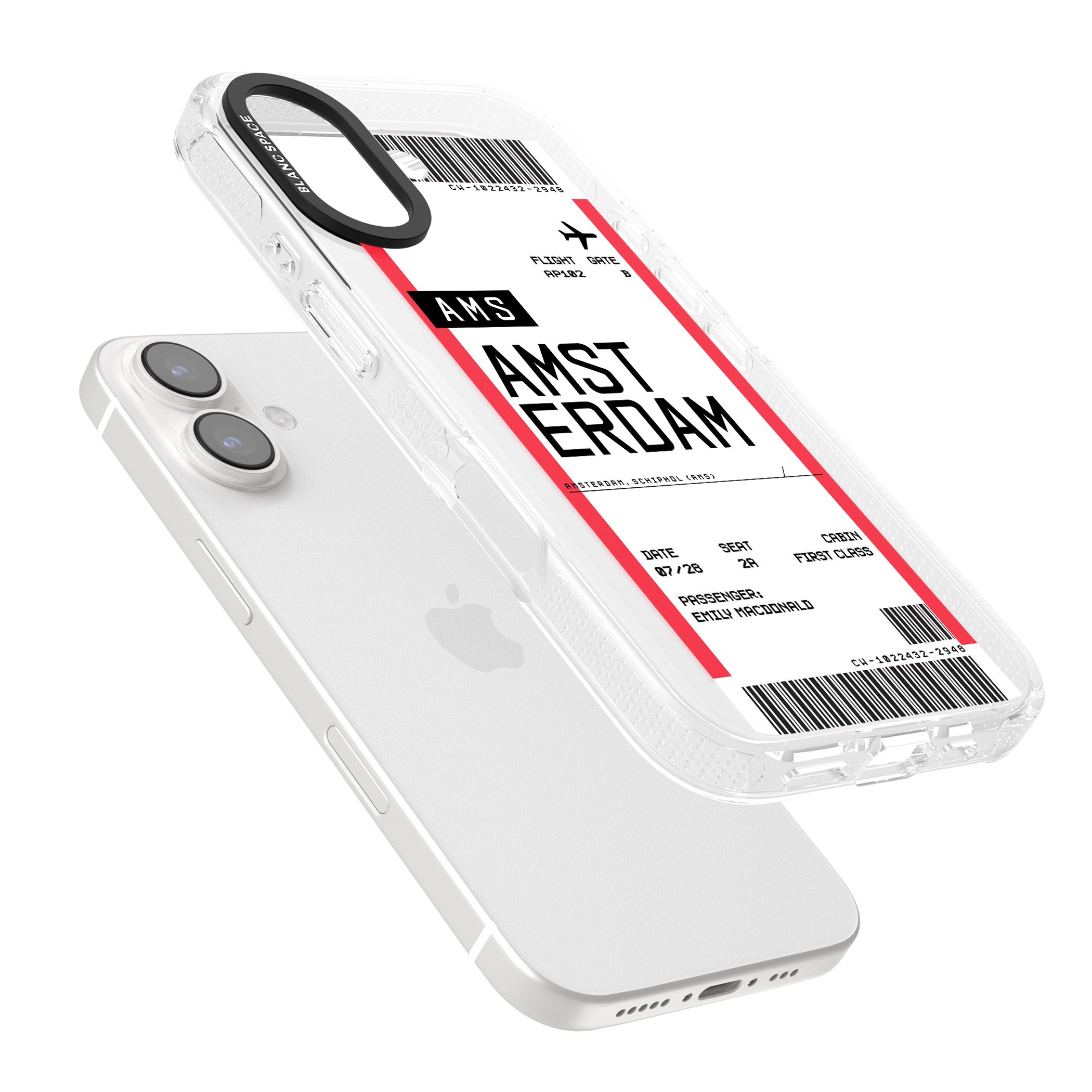 Personalised Amsterdam Boarding Pass iPhone 16 / 16 Plus Clear Case Impact Air - Blanc Space