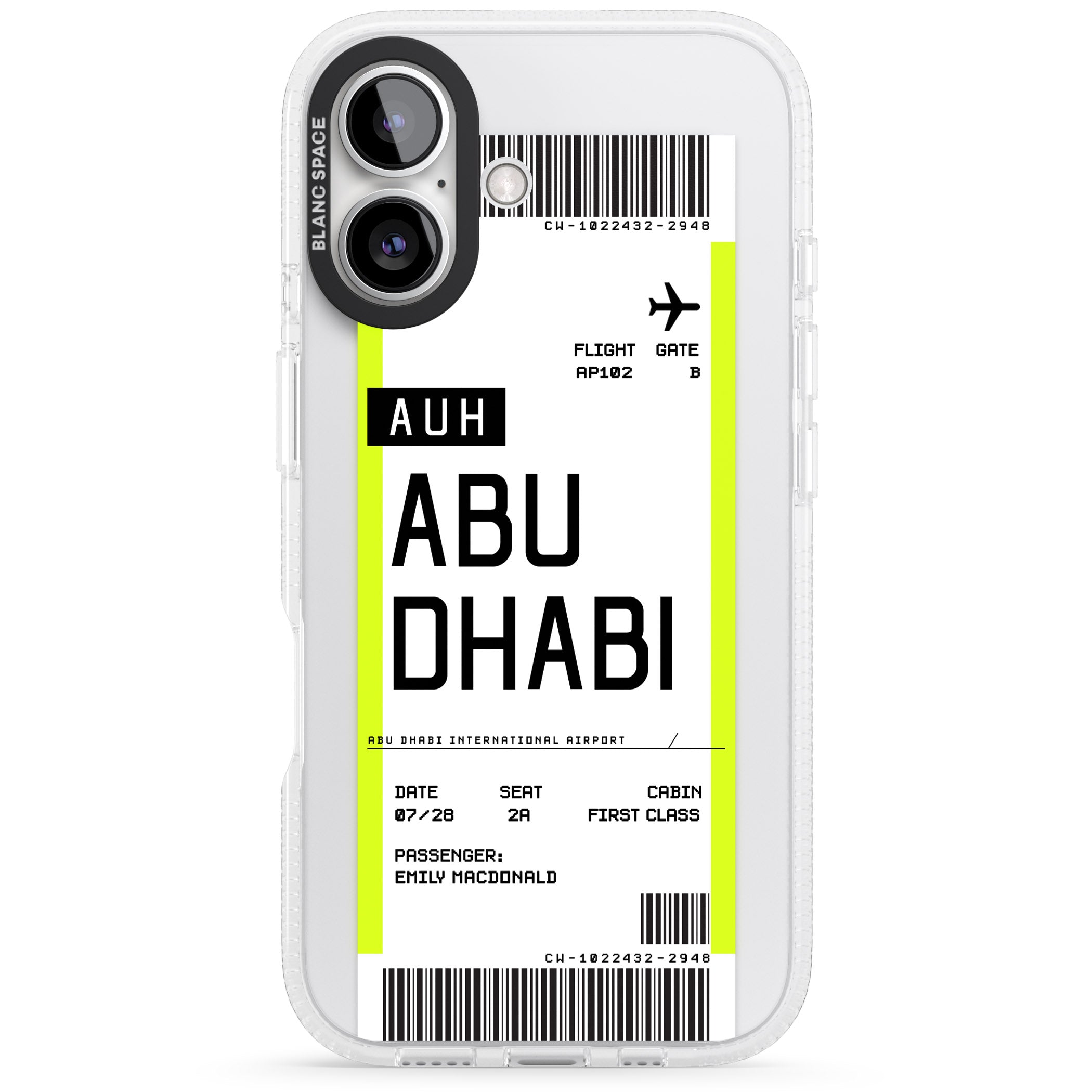 Personalised Abu Dhabi Boarding Pass iPhone 16 / 16 Plus Clear Case Impact Air - Blanc Space