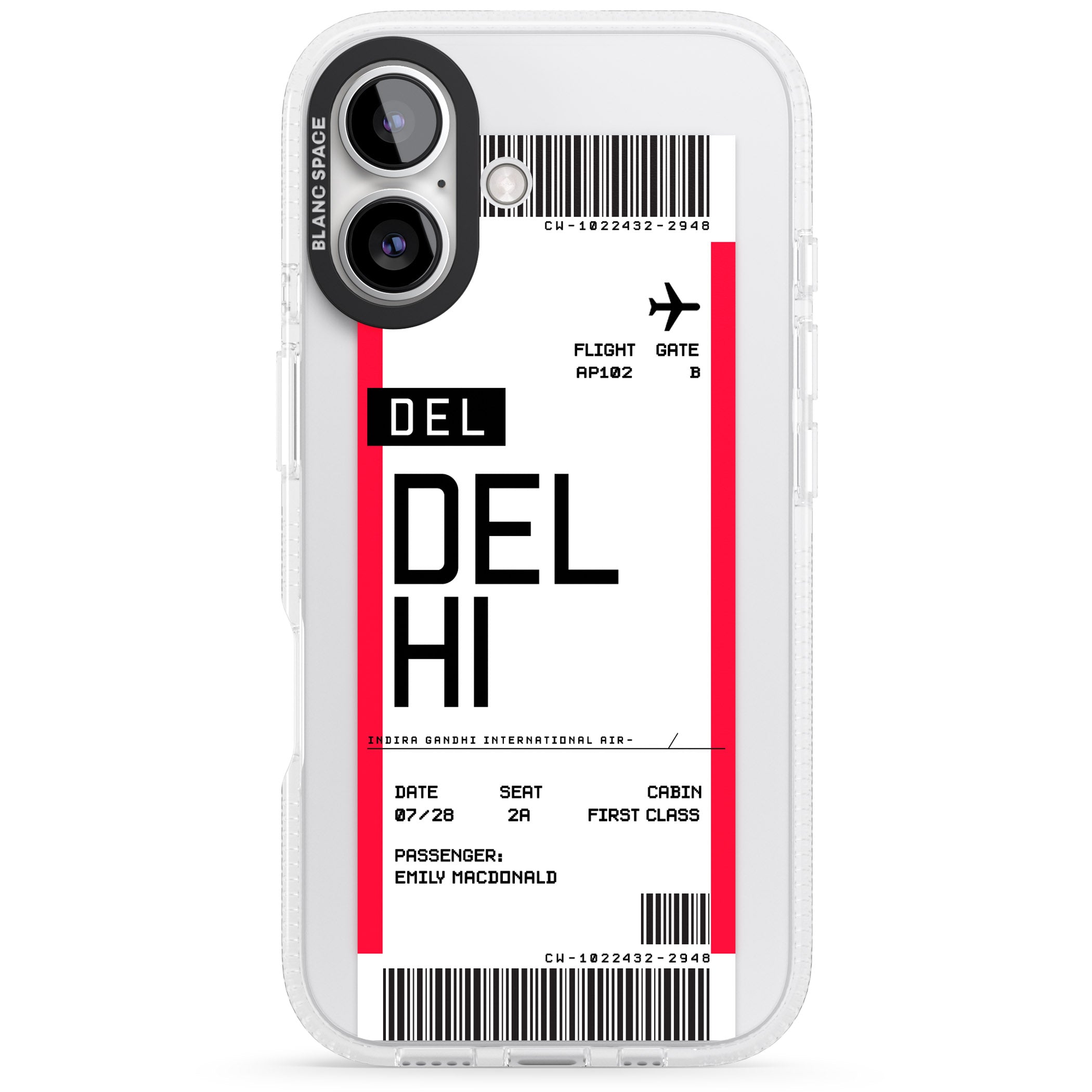 Personalised Delhi Boarding Pass iPhone 16 / 16 Plus Clear Case Impact Air - Blanc Space