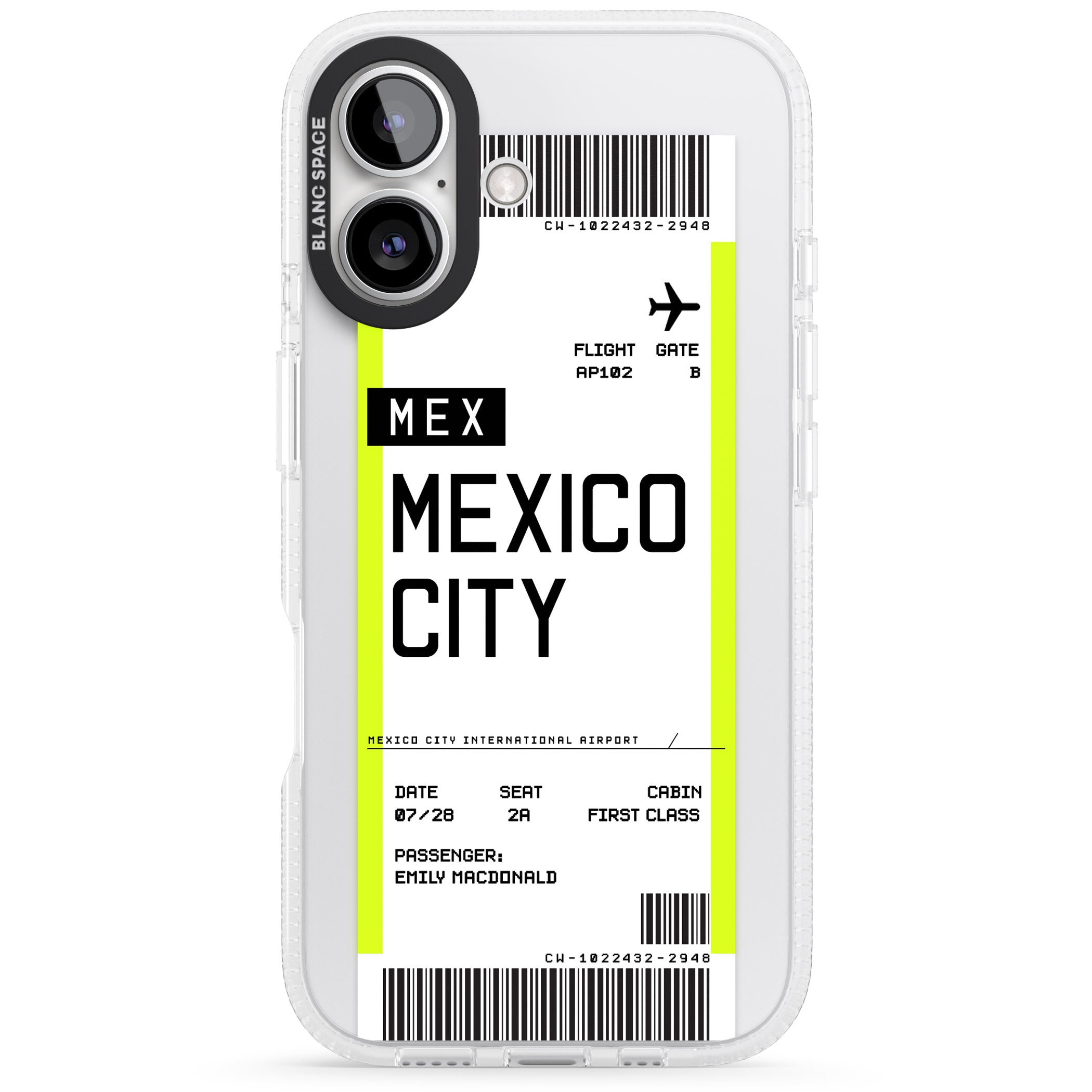 Personalised Mexico City Boarding Pass iPhone 16 / 16 Plus Clear Case Impact Air - Blanc Space