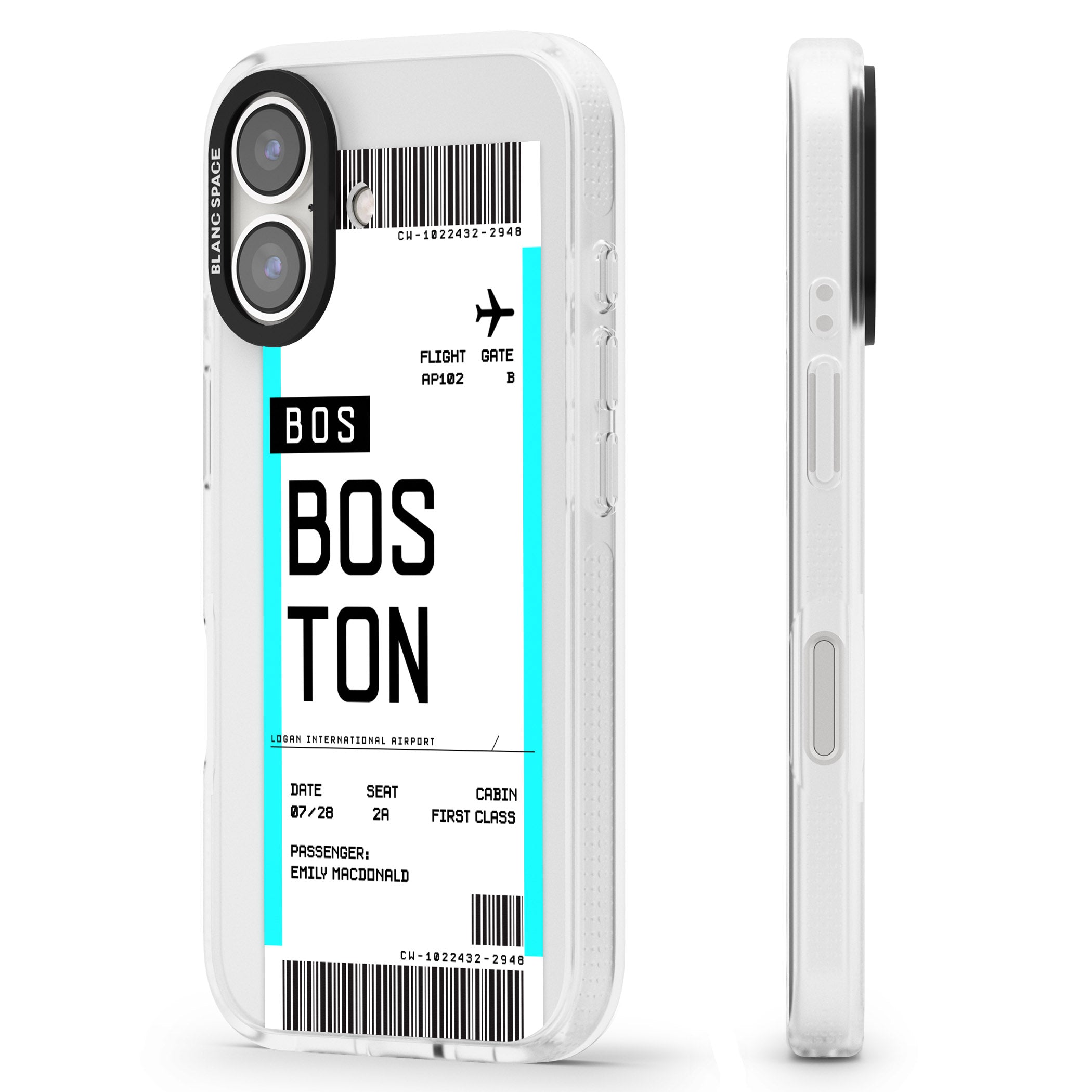 Personalised Boston Boarding Pass iPhone 16 / 16 Plus Clear Case Impact Air - Blanc Space