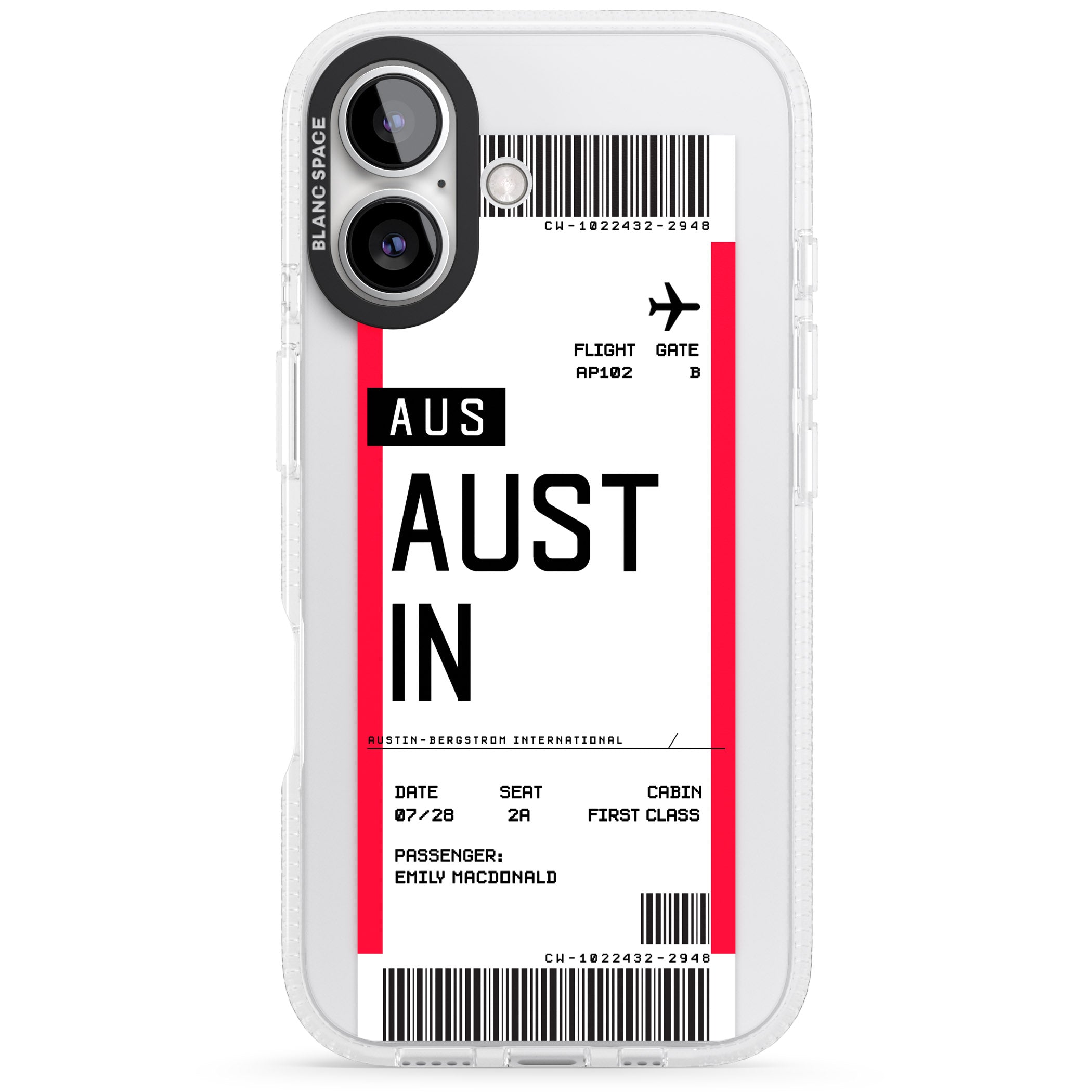 Personalised Austin Boarding Pass iPhone 16 / 16 Plus Clear Case Impact Air - Blanc Space