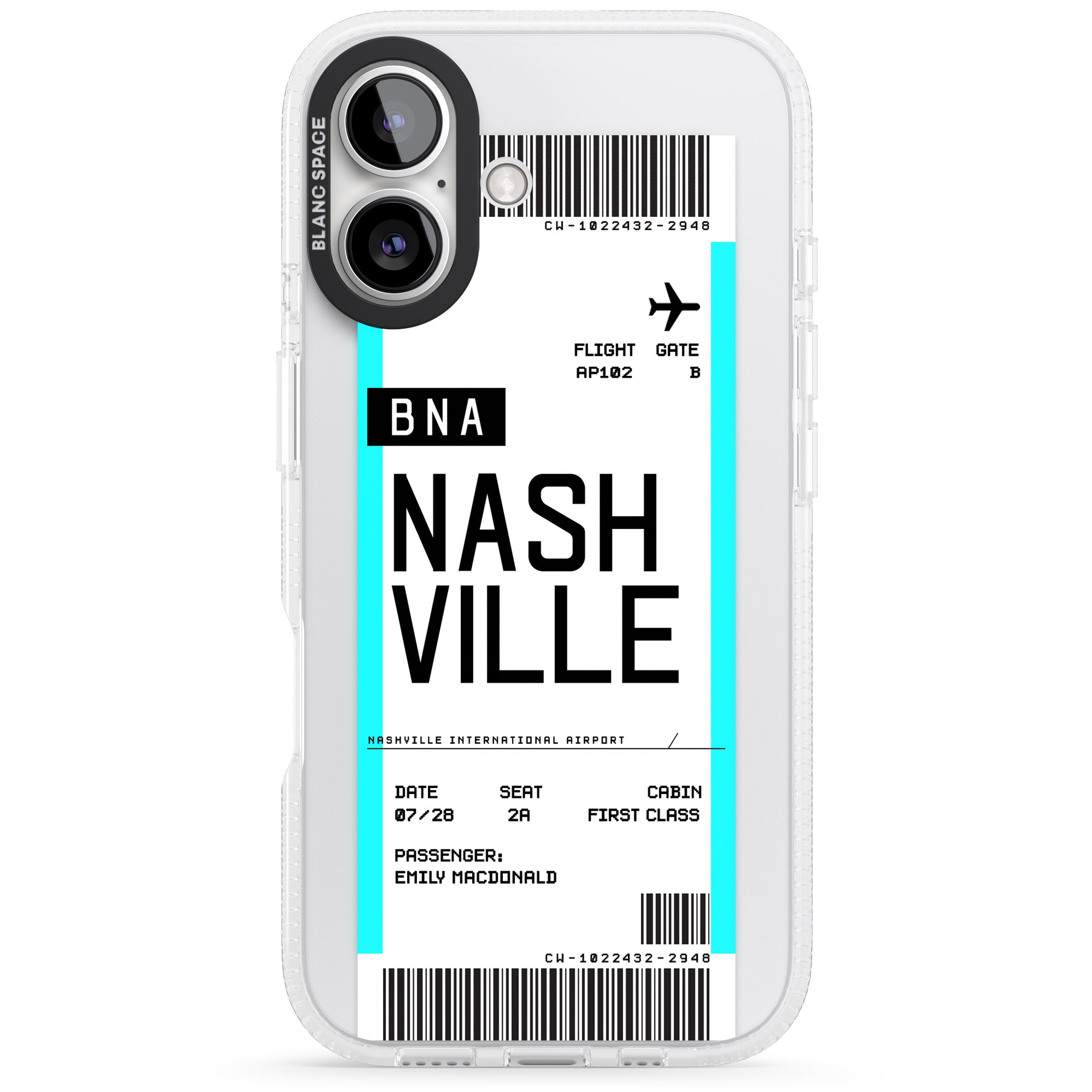 Personalised Nashville Boarding Pass iPhone 16 / 16 Plus Clear Case Impact Air - Blanc Space
