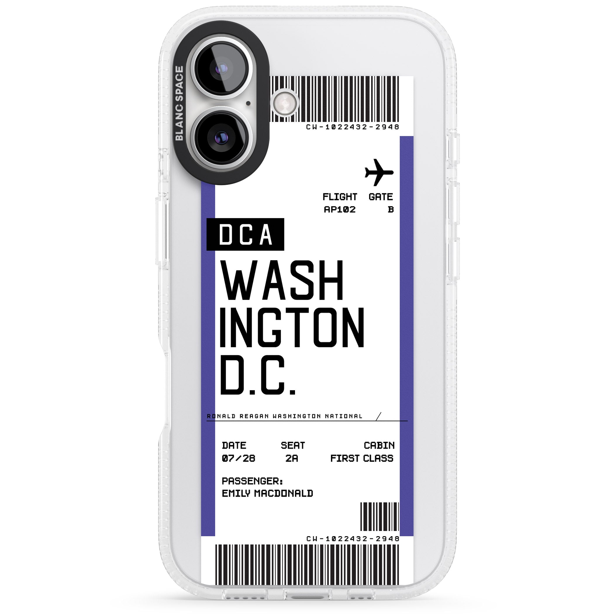 Personalised Washington D.C. Boarding Pass iPhone 16 / 16 Plus Clear Case Impact Air - Blanc Space